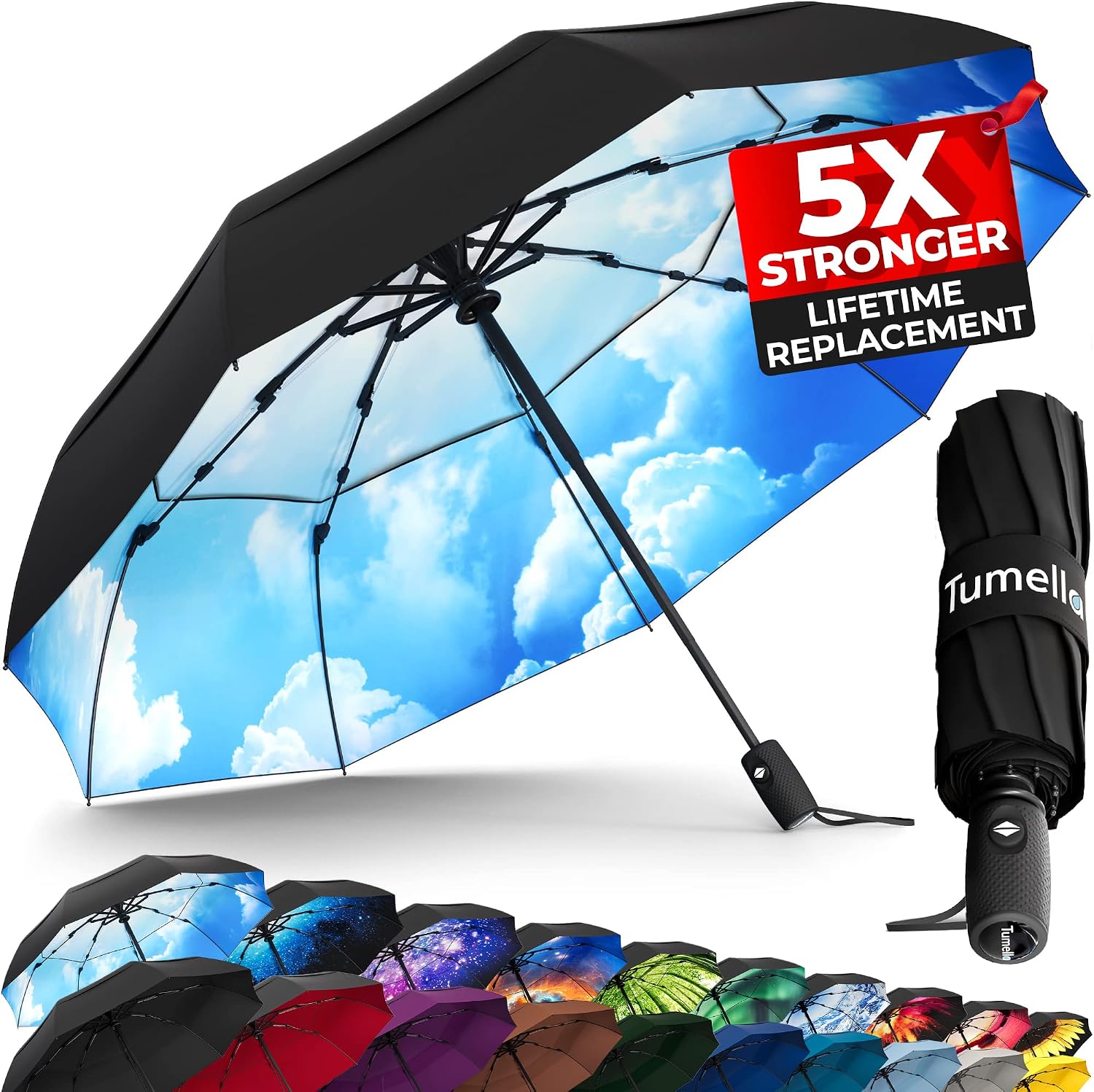 TUMELLA Strongest Windproof Travel Umbrella (Compact. 100MPH Wind-Tested) | Light. Portable. One-Handed Use. Automatic Folding Rain Umbrella. Durable. Premium Grip. Fits Car & Backpack