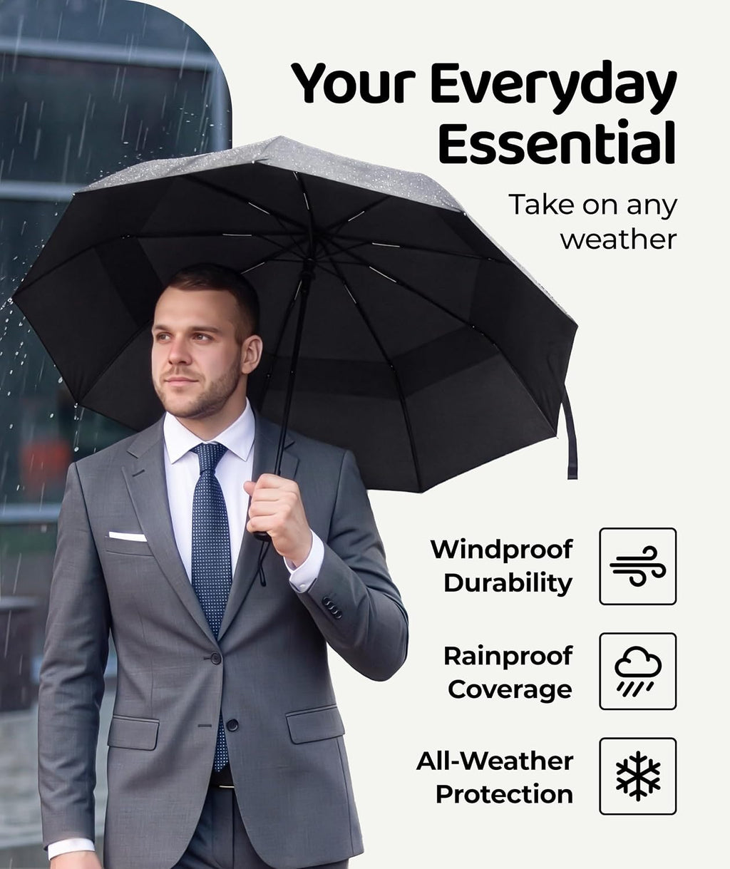 Windproof Travel Umbrella - Compact & Withstands Winds up to 100MPH. Strongest Premium Auto Folding Umbrella for Rain and Sun - Durable. Light & Portable for Women & Men. Fits Backpack & Cars