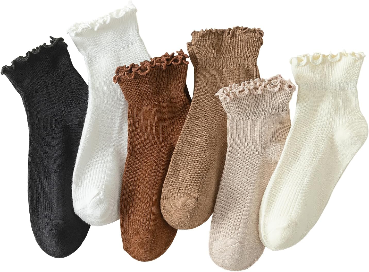 Hstyle Ruffle Socks Women. 6 Pairs of White Breathable Cool Ankle Socks