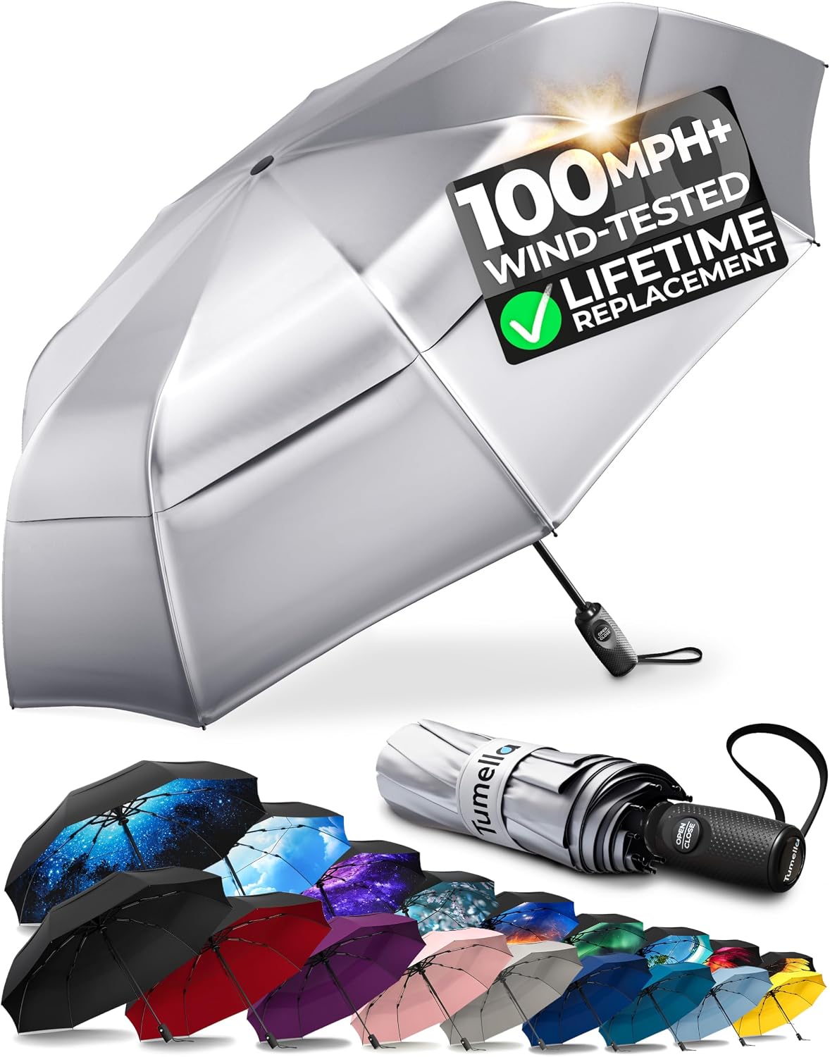 TUMELLA Strongest Windproof Travel Umbrella (Compact. 100MPH Wind-Tested) | Light. Portable. One-Handed Use. Automatic Folding Rain Umbrella. Durable. Premium Grip. Fits Car & Backpack