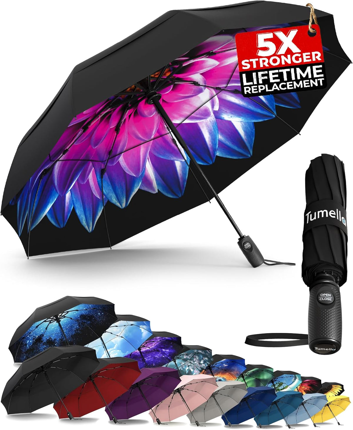 TUMELLA Strongest Windproof Travel Umbrella (Compact. 100MPH Wind-Tested) | Light. Portable. One-Handed Use. Automatic Folding Rain Umbrella. Durable. Premium Grip. Fits Car & Backpack