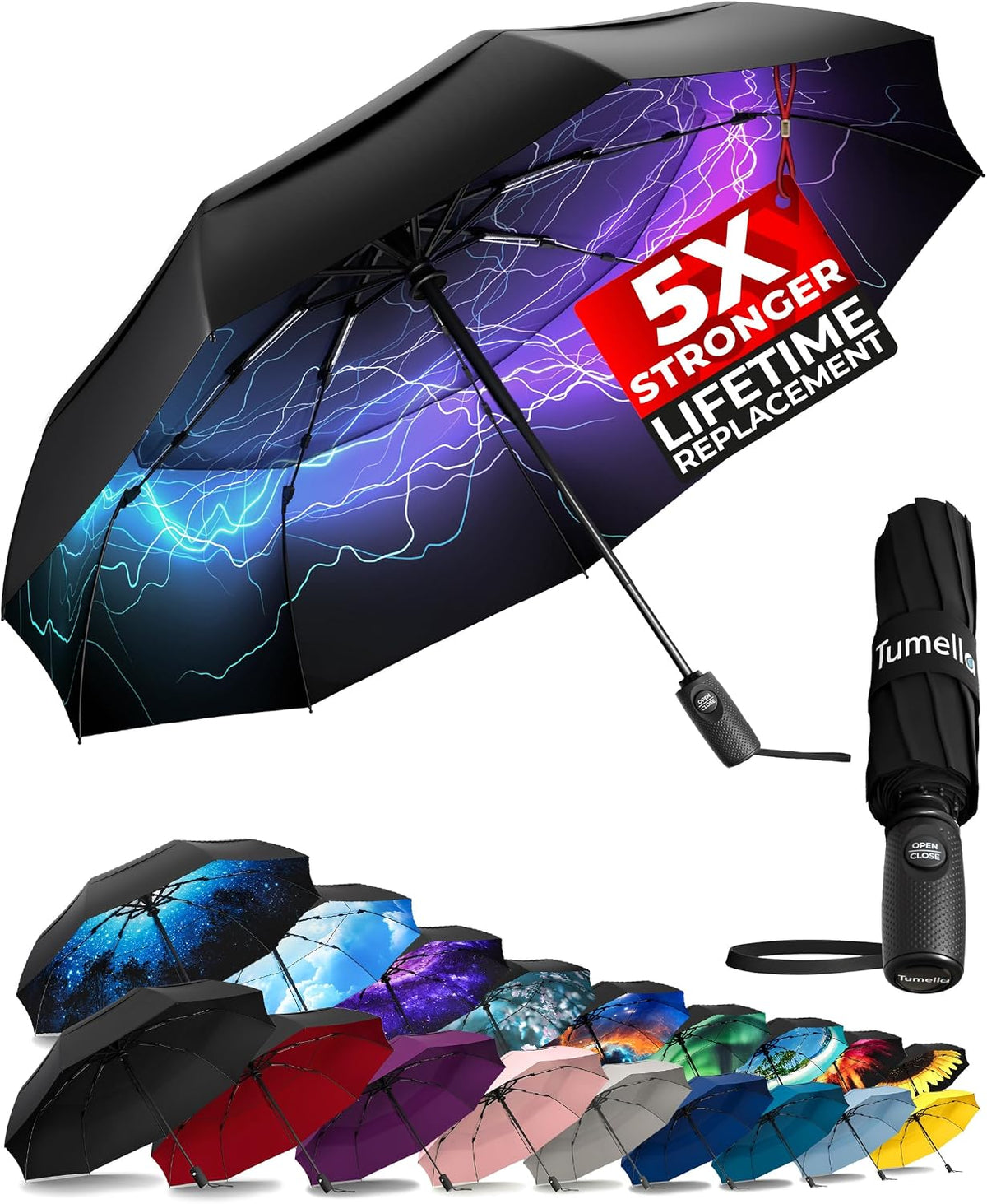 TUMELLA Strongest Windproof Travel Umbrella (Compact. 100MPH Wind-Tested) | Light. Portable. One-Handed Use. Automatic Folding Rain Umbrella. Durable. Premium Grip. Fits Car & Backpack