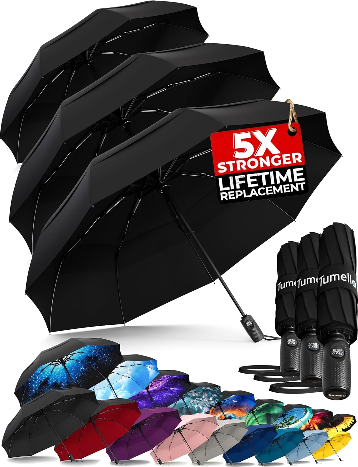 TUMELLA Strongest Windproof Travel Umbrella (Compact. 100MPH Wind-Tested) | Light. Portable. One-Handed Use. Automatic Folding Rain Umbrella. Durable. Premium Grip. Fits Car & Backpack