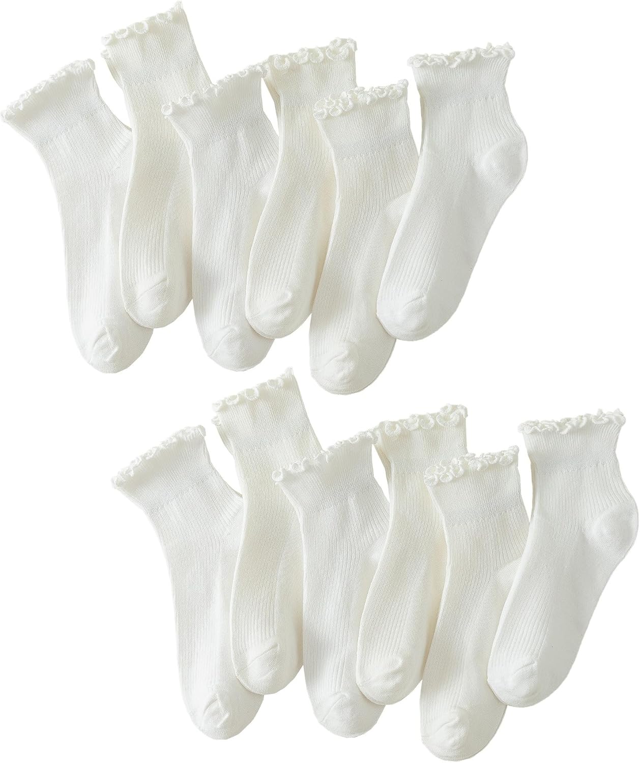 Hstyle Ruffle Socks Women. 6 Pairs of White Breathable Cool Ankle Socks