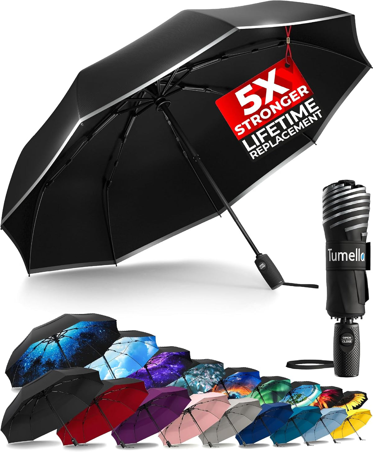 TUMELLA Strongest Windproof Travel Umbrella (Compact. 100MPH Wind-Tested) | Light. Portable. One-Handed Use. Automatic Folding Rain Umbrella. Durable. Premium Grip. Fits Car & Backpack