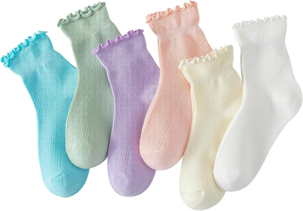 Hstyle Ruffle Socks Women. 6 Pairs of White Breathable Cool Ankle Socks