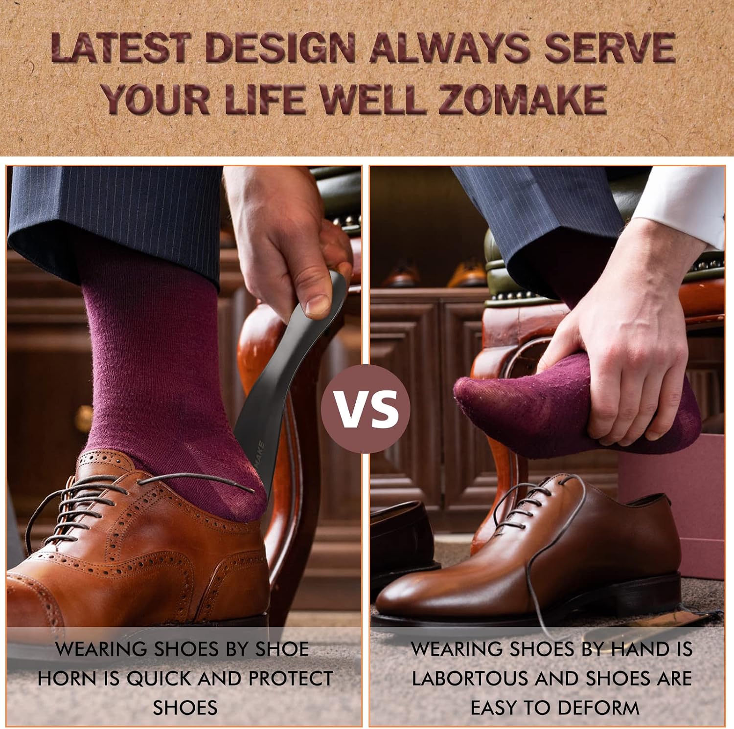 ZOMAKE Shoe Horn Long Handle for Seniors Men Women. Metal Shoehorn 16.5 | Stainless Steel Long Boot Horn. Travel Small Shoe Spoon Helper 7.5. Anti-Slip Leather Grip. No Bending Over. Shoe Protection