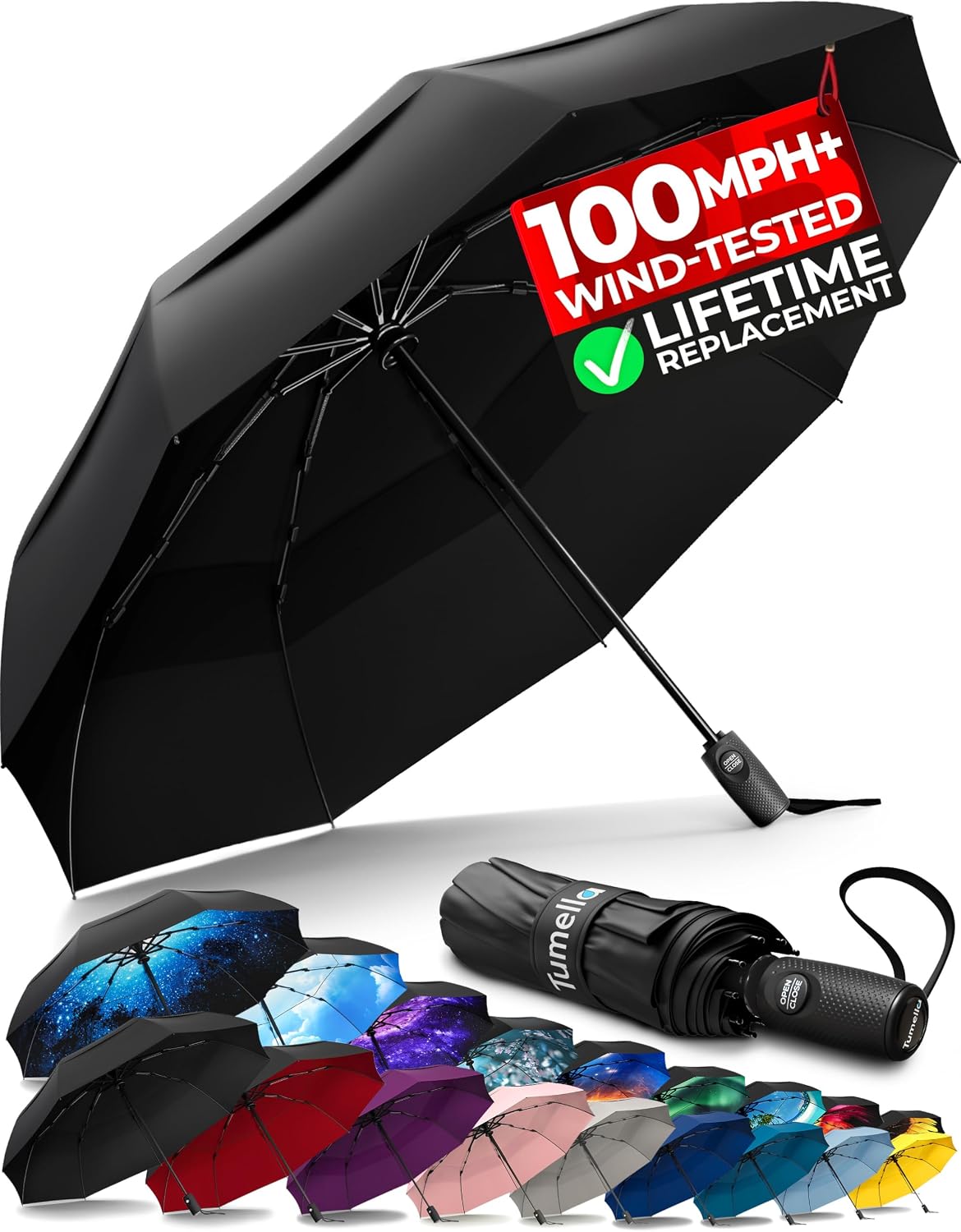 TUMELLA Strongest Windproof Travel Umbrella (Compact. 100MPH Wind-Tested) | Light. Portable. One-Handed Use. Automatic Folding Rain Umbrella. Durable. Premium Grip. Fits Car & Backpack