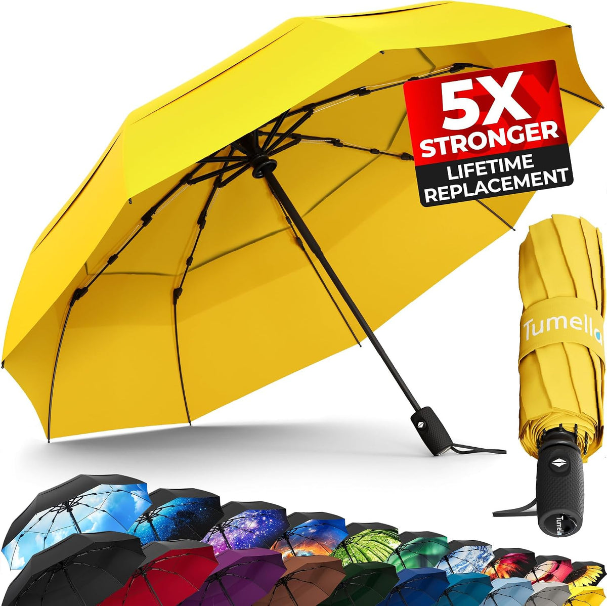 TUMELLA Strongest Windproof Travel Umbrella (Compact. 100MPH Wind-Tested) | Light. Portable. One-Handed Use. Automatic Folding Rain Umbrella. Durable. Premium Grip. Fits Car & Backpack