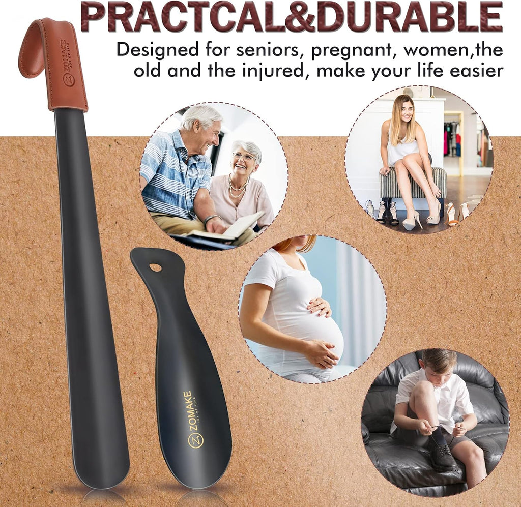 ZOMAKE Shoe Horn Long Handle for Seniors Men Women. Metal Shoehorn 16.5 | Stainless Steel Long Boot Horn. Travel Small Shoe Spoon Helper 7.5. Anti-Slip Leather Grip. No Bending Over. Shoe Protection