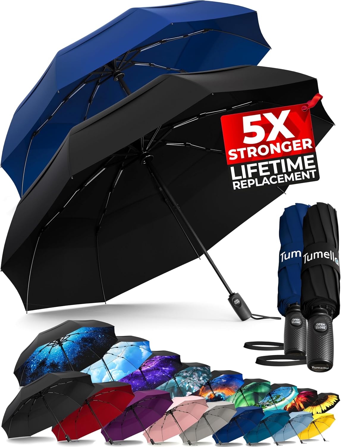 TUMELLA Strongest Windproof Travel Umbrella (Compact. 100MPH Wind-Tested) | Light. Portable. One-Handed Use. Automatic Folding Rain Umbrella. Durable. Premium Grip. Fits Car & Backpack