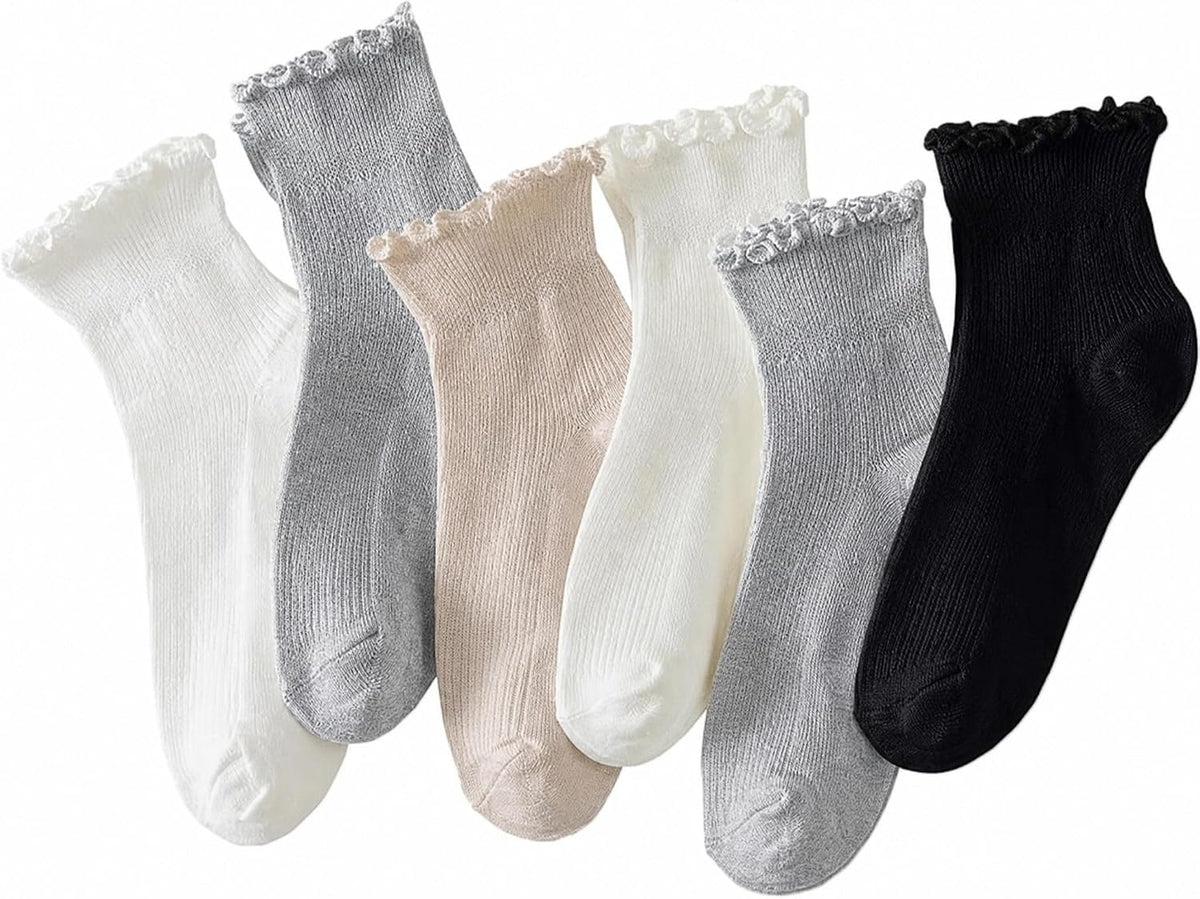 Hstyle Ruffle Socks Women. 6 Pairs of White Breathable Cool Ankle Socks