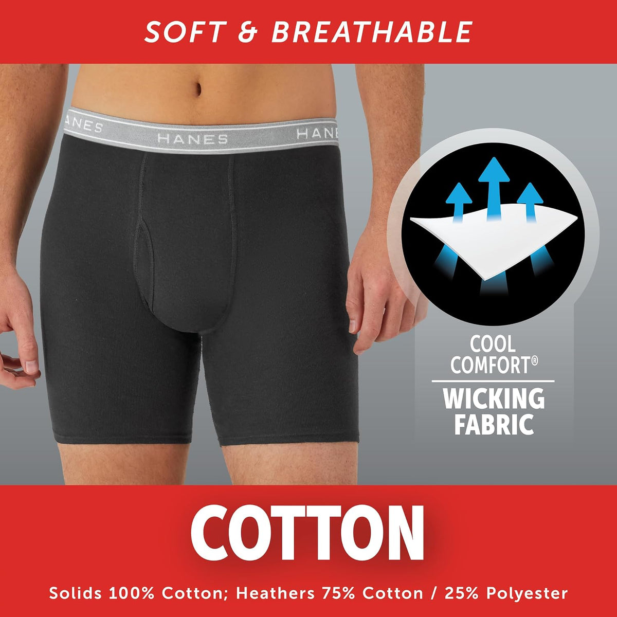 Hanes Men Hanes Boxer Briefs. Cool Dri Moisture-Wicking Underwear. Cotton No-Ride-up for Men. 6 Pack. Black/Grey. Medium at Amazon Men's Clothing store