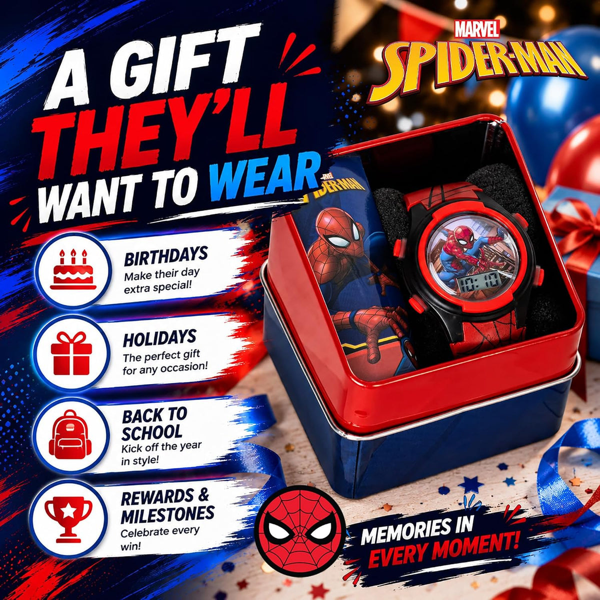 Accutime Marvel Spider-Man Digital Watch for Kids – Durable Plastic Timepiece. LCD Display. Quartz Accuracy. Iconic Spiderman Imagery