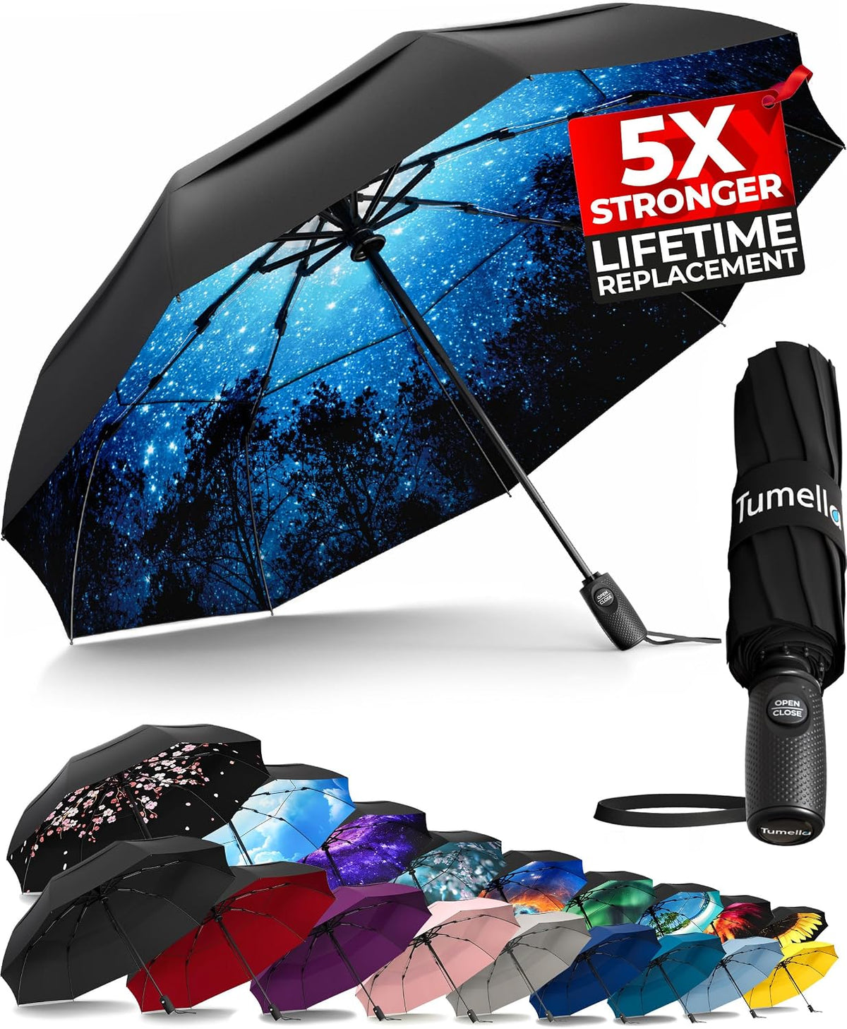 TUMELLA Strongest Windproof Travel Umbrella (Compact. 100MPH Wind-Tested) | Light. Portable. One-Handed Use. Automatic Folding Rain Umbrella. Durable. Premium Grip. Fits Car & Backpack