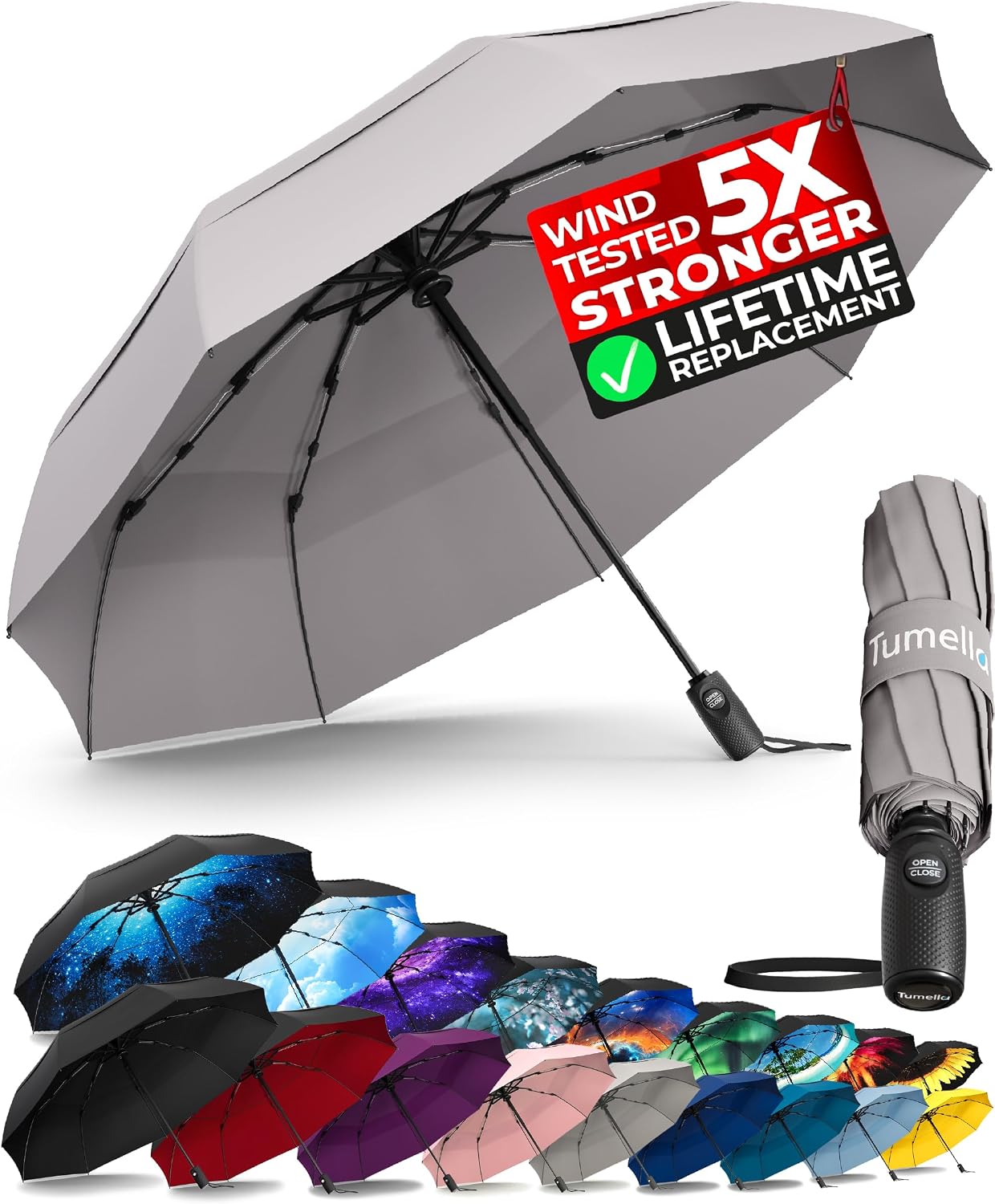 TUMELLA Strongest Windproof Travel Umbrella (Compact. 100MPH Wind-Tested) | Light. Portable. One-Handed Use. Automatic Folding Rain Umbrella. Durable. Premium Grip. Fits Car & Backpack