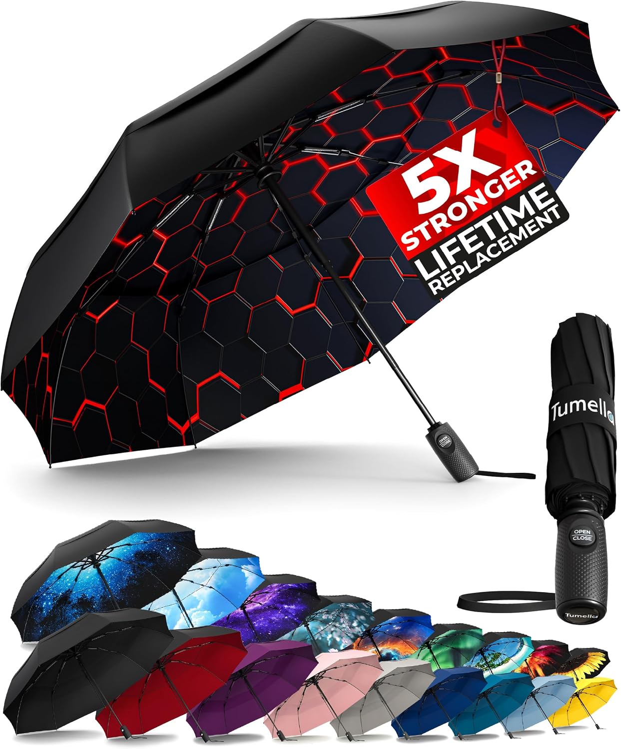 TUMELLA Strongest Windproof Travel Umbrella (Compact. 100MPH Wind-Tested) | Light. Portable. One-Handed Use. Automatic Folding Rain Umbrella. Durable. Premium Grip. Fits Car & Backpack