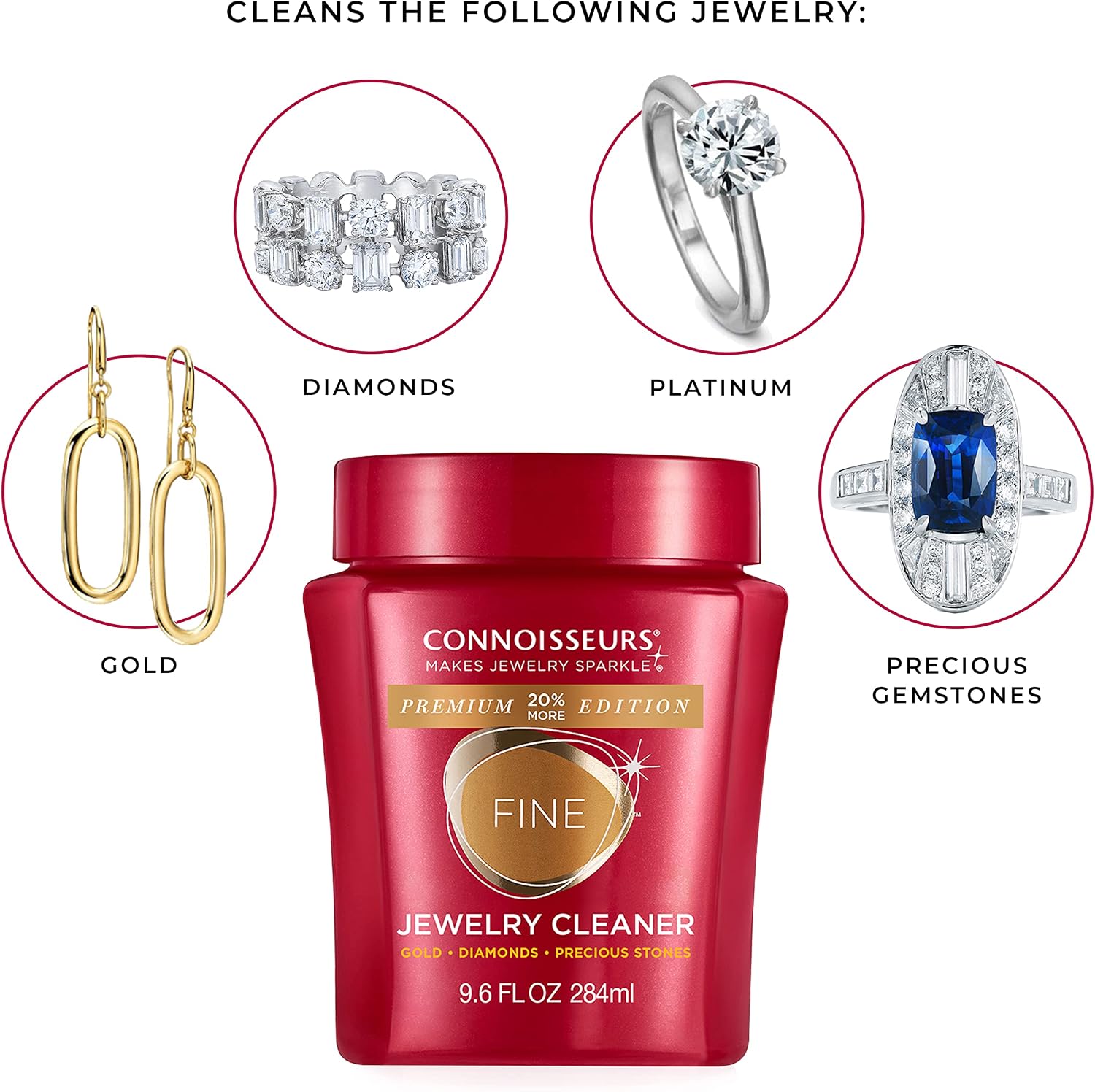 CONNOISSEURS - Fine Jewelry Cleaner Solution - 9.6 fl oz | Premium Edition - For Gold. Diamonds. Platinum. and Gemstones - Restores Brilliance in Seconds