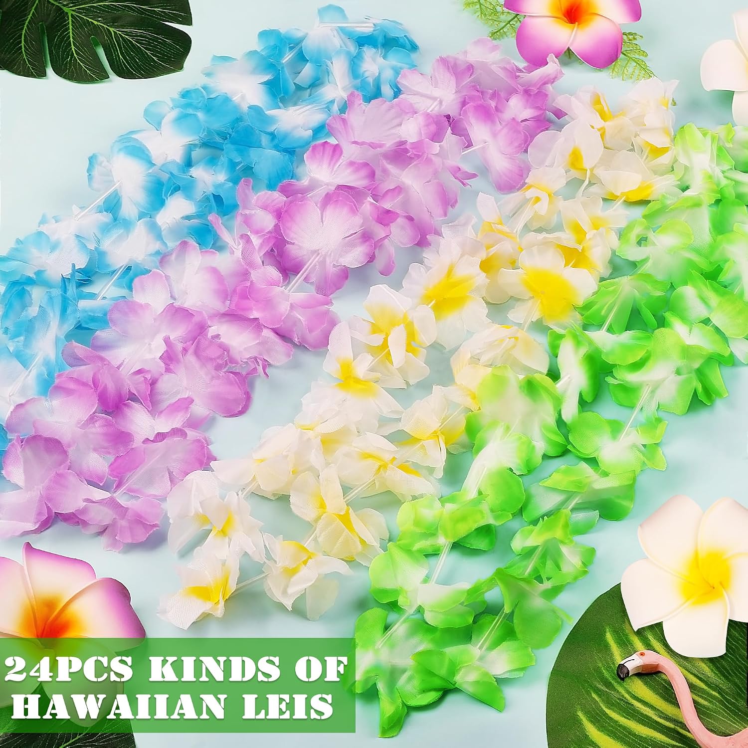 Hawaiian Leis. 24PCS Hawaiian Party Decorations Silk Flower Necklace | Colorful Luau Party Decorations. Tropical Designs Leis. Hula Dance Costume Accessories. Great for Summer Beach & Pool Party