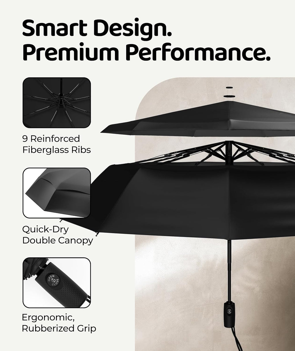 Windproof Travel Umbrella - Compact & Withstands Winds up to 100MPH. Strongest Premium Auto Folding Umbrella for Rain and Sun - Durable. Light & Portable for Women & Men. Fits Backpack & Cars