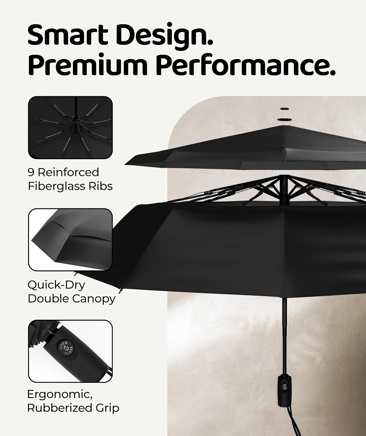 Windproof Travel Umbrella - Compact & Withstands Winds up to 100MPH. Strongest Premium Auto Folding Umbrella for Rain and Sun - Durable. Light & Portable for Women & Men. Fits Backpack & Cars