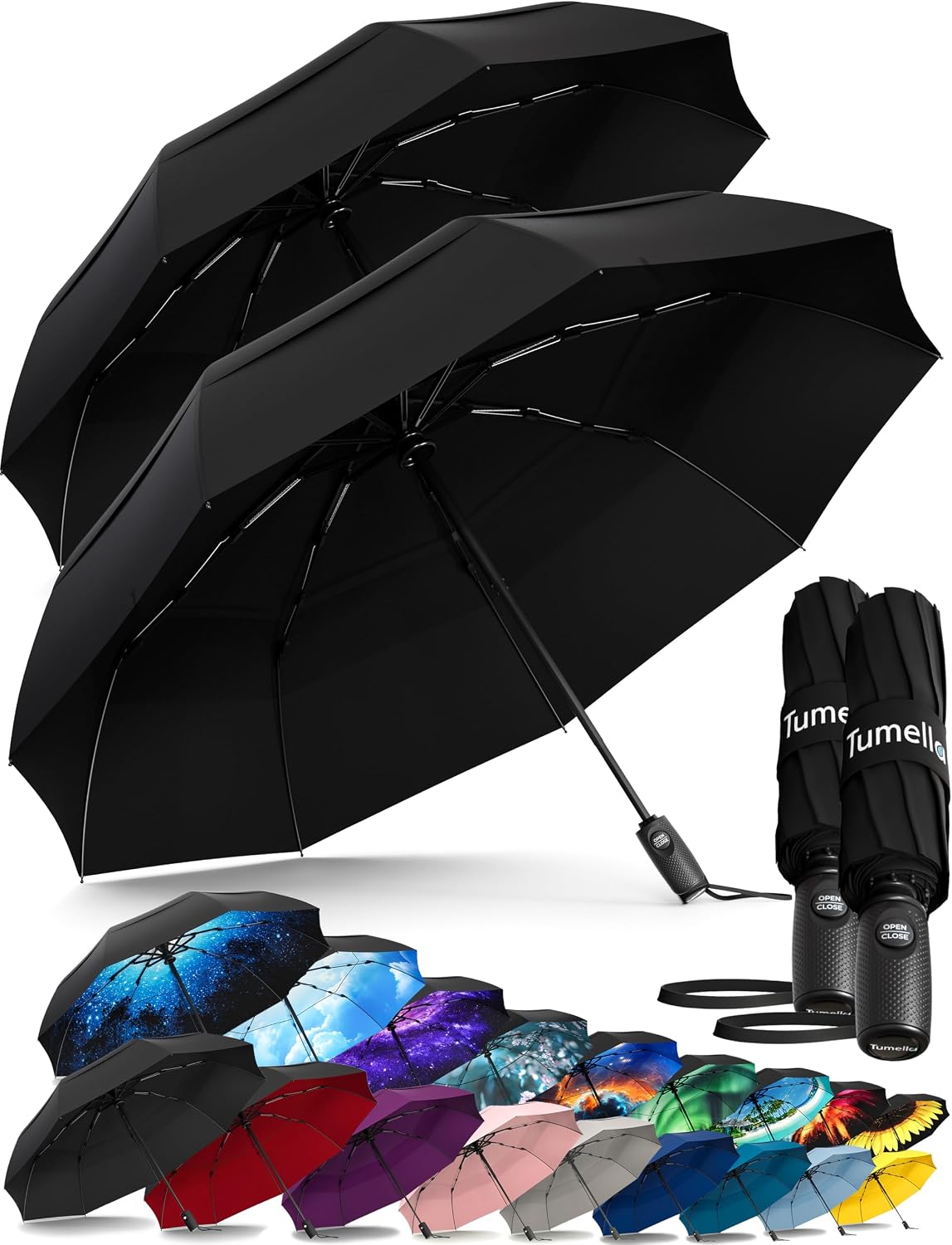 TUMELLA Strongest Windproof Travel Umbrella (Compact. 100MPH Wind-Tested) | Light. Portable. One-Handed Use. Automatic Folding Rain Umbrella. Durable. Premium Grip. Fits Car & Backpack