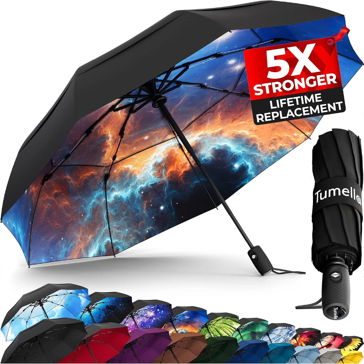 TUMELLA Strongest Windproof Travel Umbrella (Compact. 100MPH Wind-Tested) | Light. Portable. One-Handed Use. Automatic Folding Rain Umbrella. Durable. Premium Grip. Fits Car & Backpack