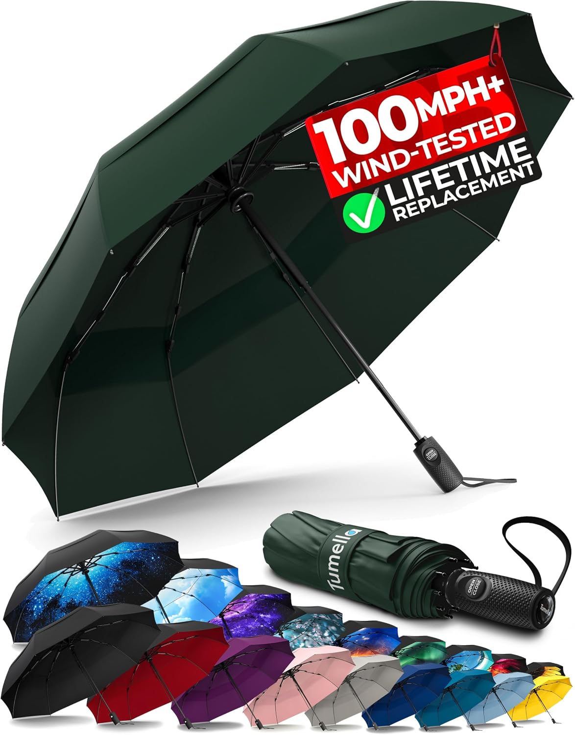 TUMELLA Strongest Windproof Travel Umbrella (Compact. 100MPH Wind-Tested) | Light. Portable. One-Handed Use. Automatic Folding Rain Umbrella. Durable. Premium Grip. Fits Car & Backpack