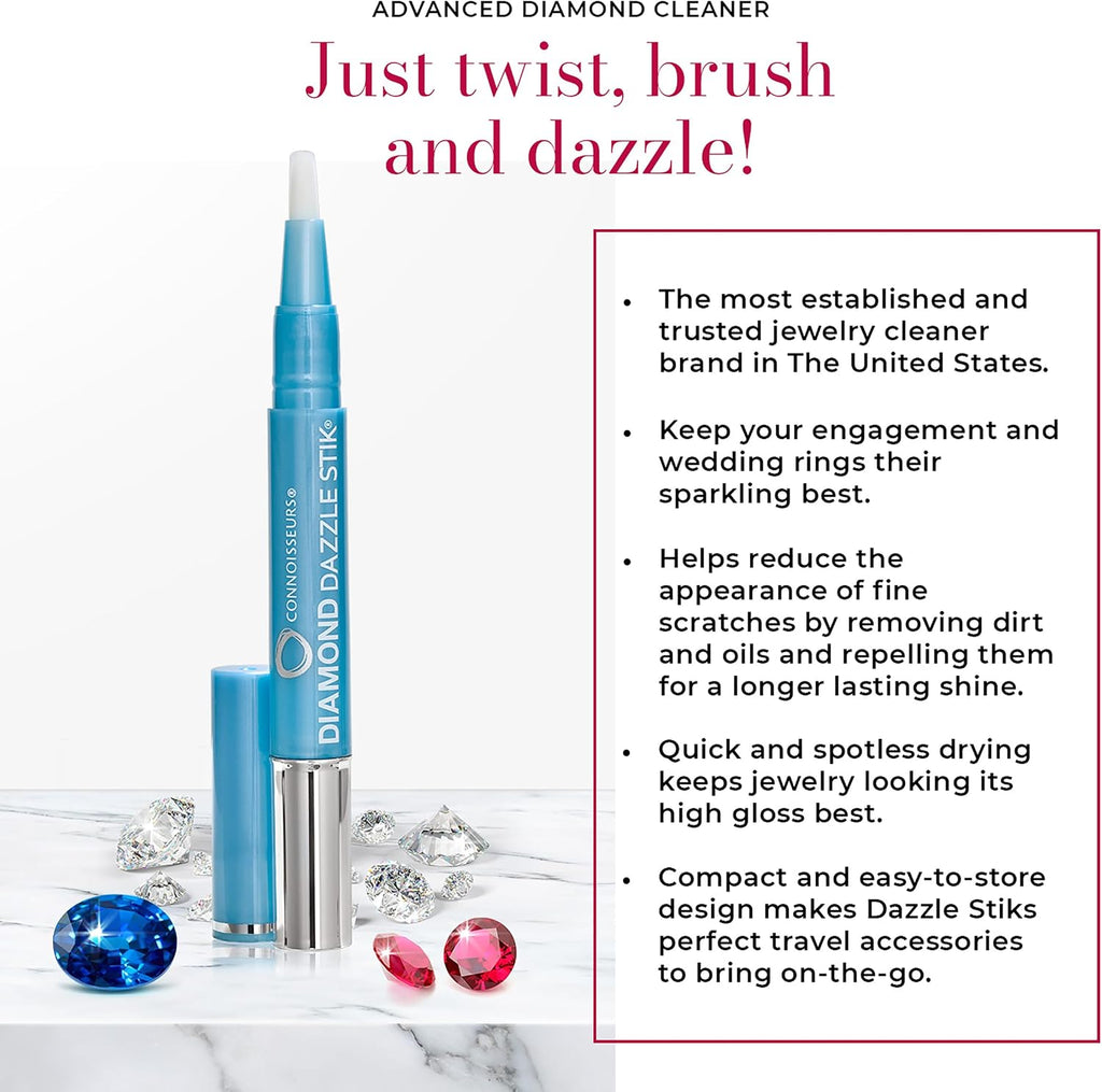 CONNOISSEURS - Diamond Dazzle Stik | For Rings. Earrings. and Bracelets - Portable Jewelry Cleaner Solution Pen - Reduces Scratches and Removes Dirt