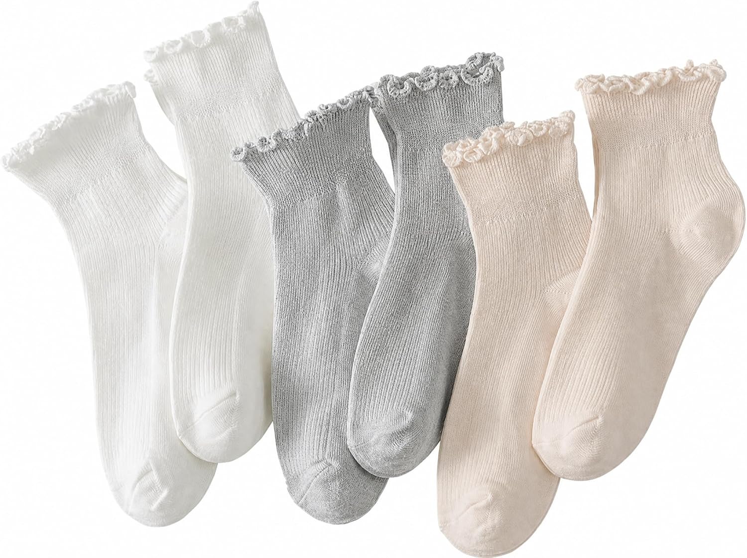 Hstyle Ruffle Socks Women. 6 Pairs of White Breathable Cool Ankle Socks