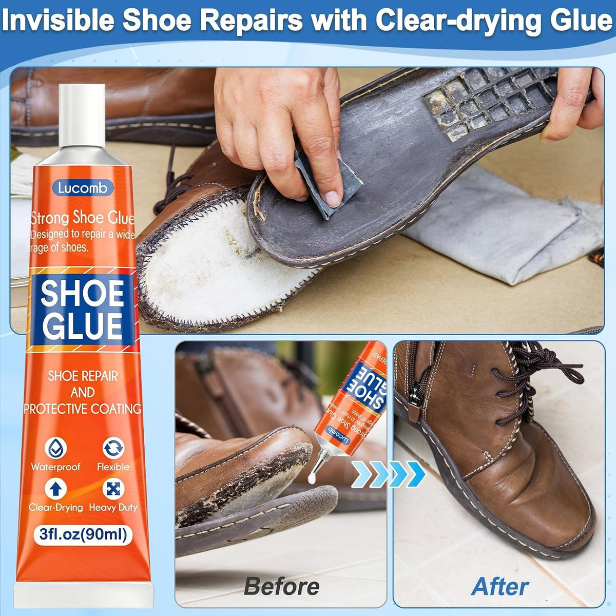 Shoe Glue Soles Repair| 180 ML Heavy Duty Clear Shoe Sole Repair Glue. Waterproof. High-Strength Adhesive. Dries in 24 Hrs| Strong Glue Shoe for Soles. Heels & Repair on Boots. Leather. Rubber. Canvas
