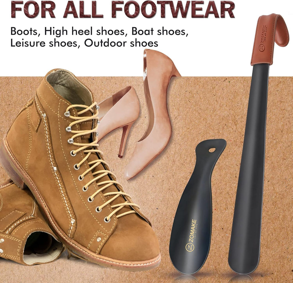 ZOMAKE Shoe Horn Long Handle for Seniors Men Women. Metal Shoehorn 16.5 | Stainless Steel Long Boot Horn. Travel Small Shoe Spoon Helper 7.5. Anti-Slip Leather Grip. No Bending Over. Shoe Protection