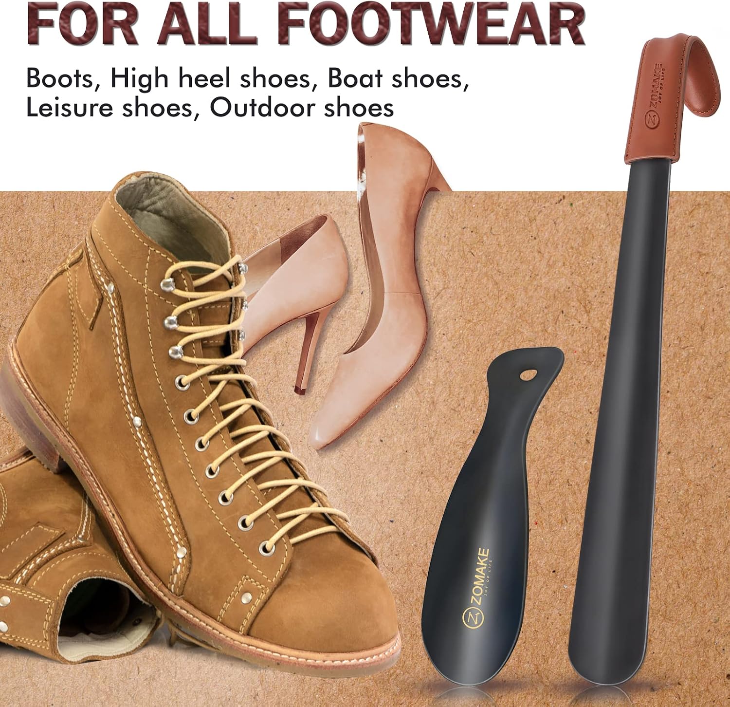 ZOMAKE Shoe Horn Long Handle for Seniors Men Women. Metal Shoehorn 16.5 | Stainless Steel Long Boot Horn. Travel Small Shoe Spoon Helper 7.5. Anti-Slip Leather Grip. No Bending Over. Shoe Protection