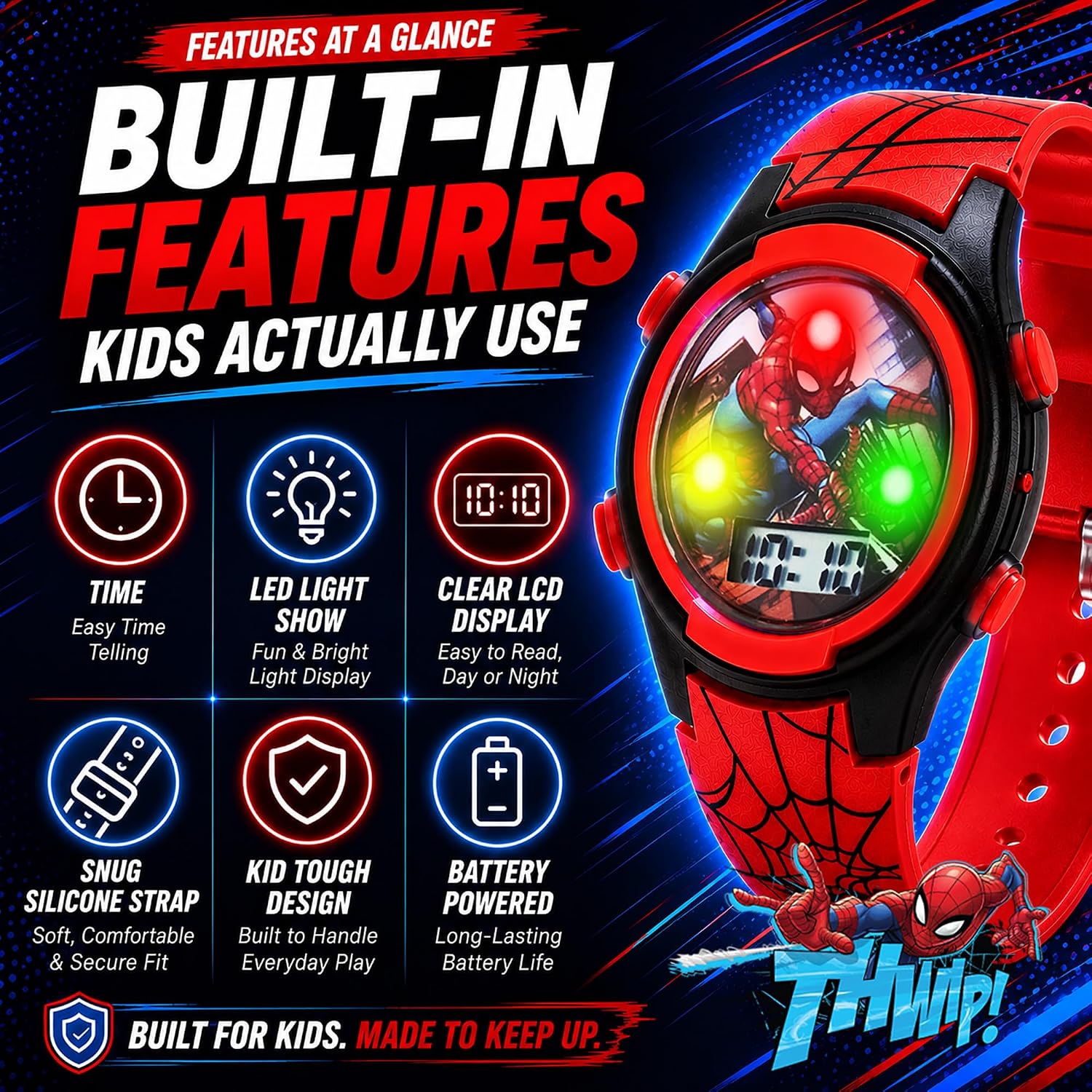 Accutime Marvel Spider-Man Digital Watch for Kids – Durable Plastic Timepiece. LCD Display. Quartz Accuracy. Iconic Spiderman Imagery