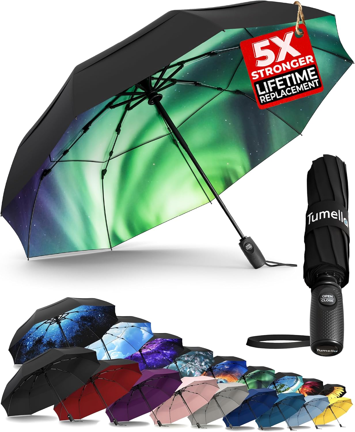 TUMELLA Strongest Windproof Travel Umbrella (Compact. 100MPH Wind-Tested) | Light. Portable. One-Handed Use. Automatic Folding Rain Umbrella. Durable. Premium Grip. Fits Car & Backpack