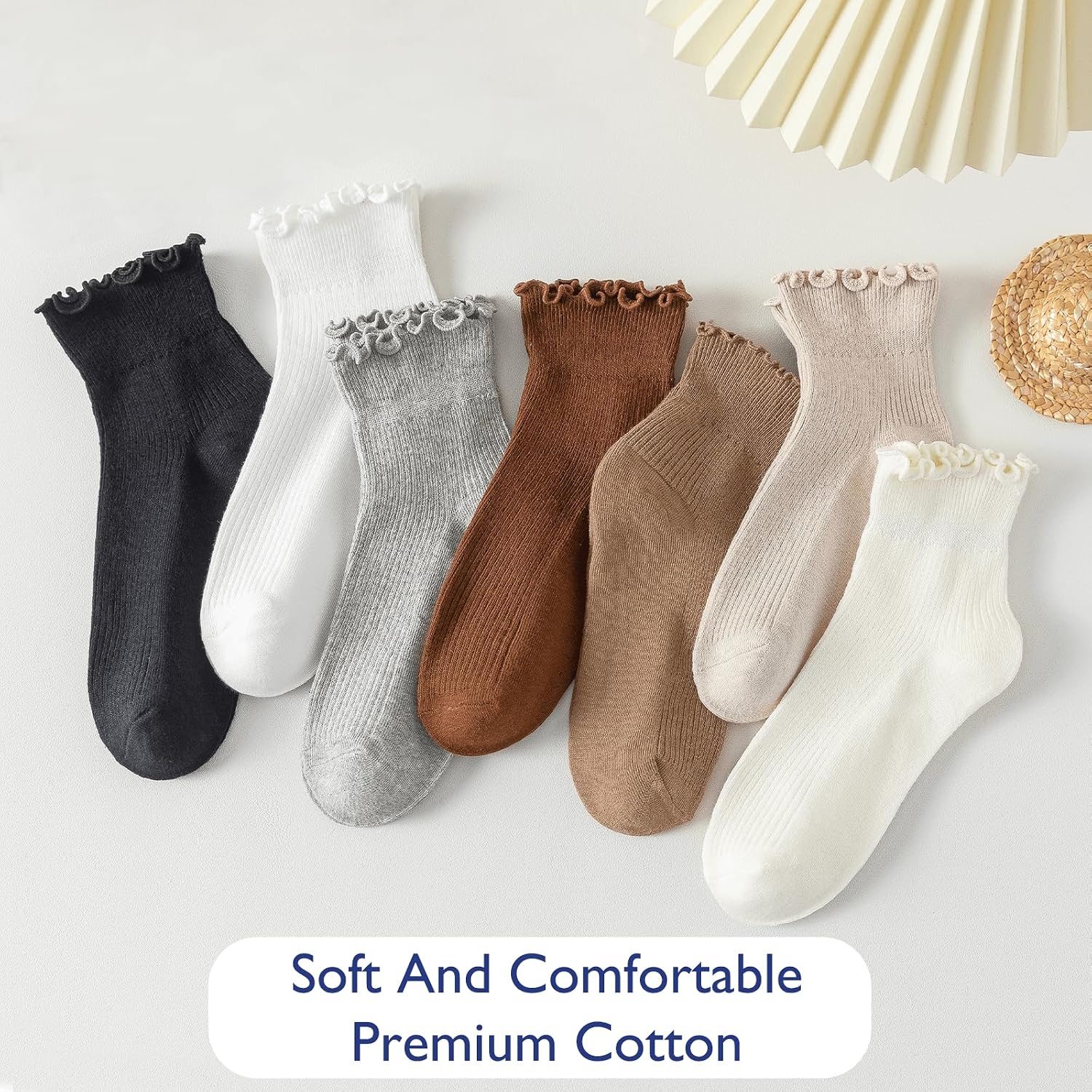 Hstyle Ruffle Socks Women. 6 Pairs of White Breathable Cool Ankle Socks