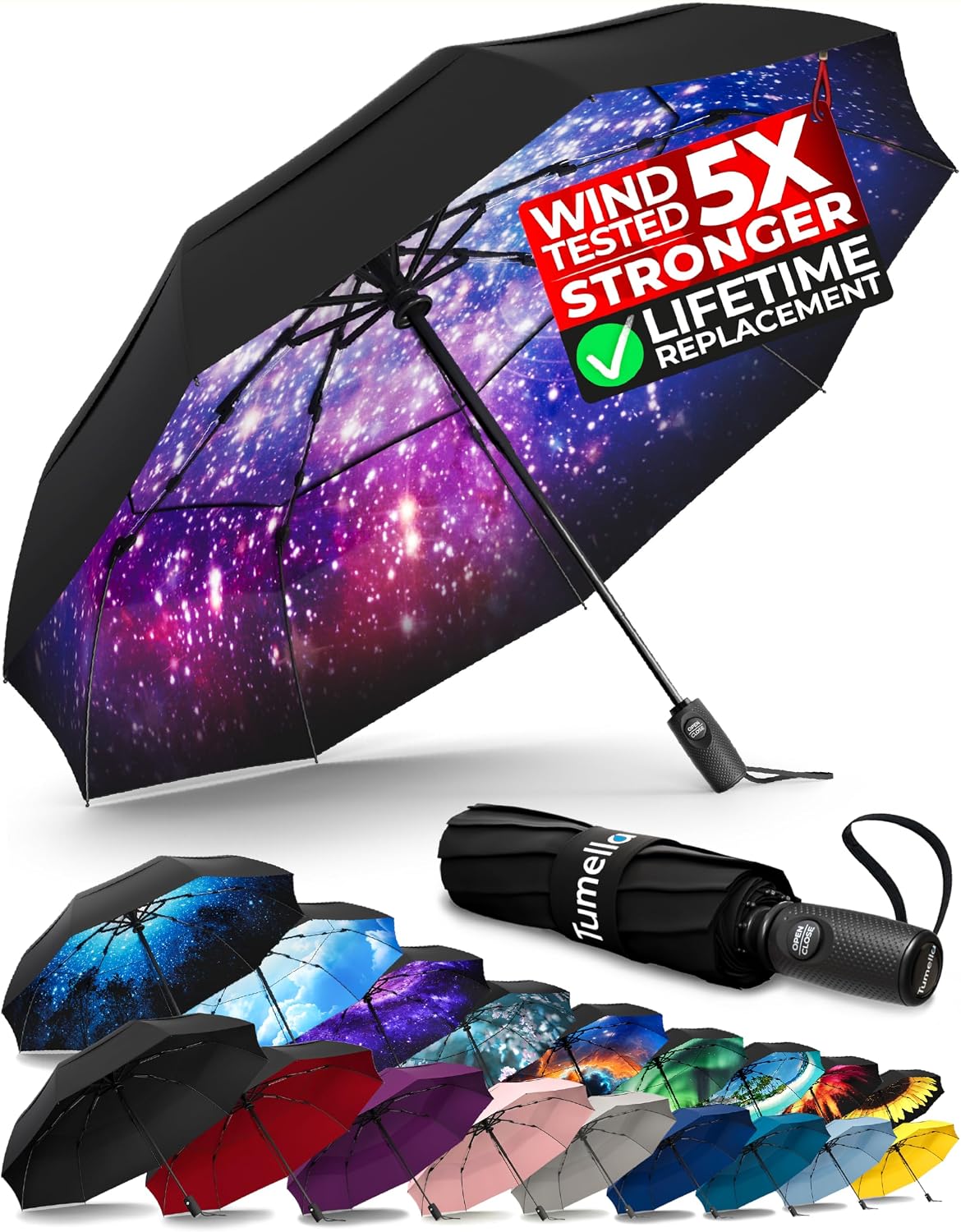 TUMELLA Strongest Windproof Travel Umbrella (Compact. 100MPH Wind-Tested) | Light. Portable. One-Handed Use. Automatic Folding Rain Umbrella. Durable. Premium Grip. Fits Car & Backpack