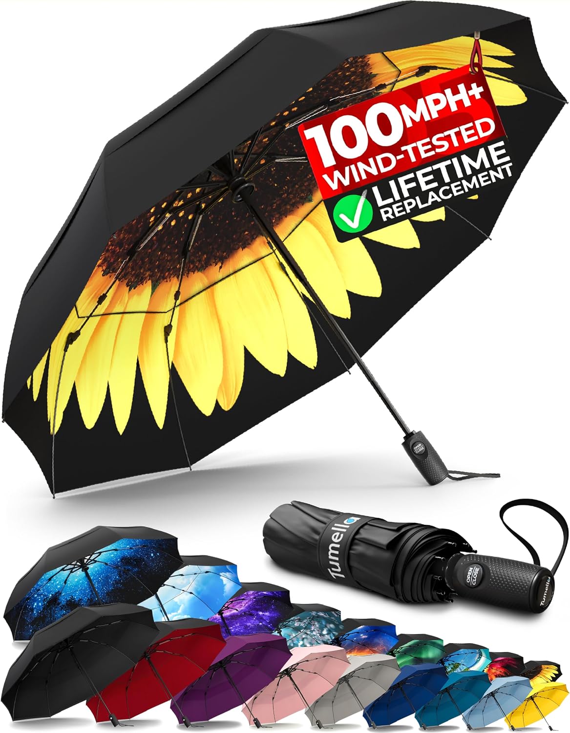 TUMELLA Strongest Windproof Travel Umbrella (Compact. 100MPH Wind-Tested) | Light. Portable. One-Handed Use. Automatic Folding Rain Umbrella. Durable. Premium Grip. Fits Car & Backpack