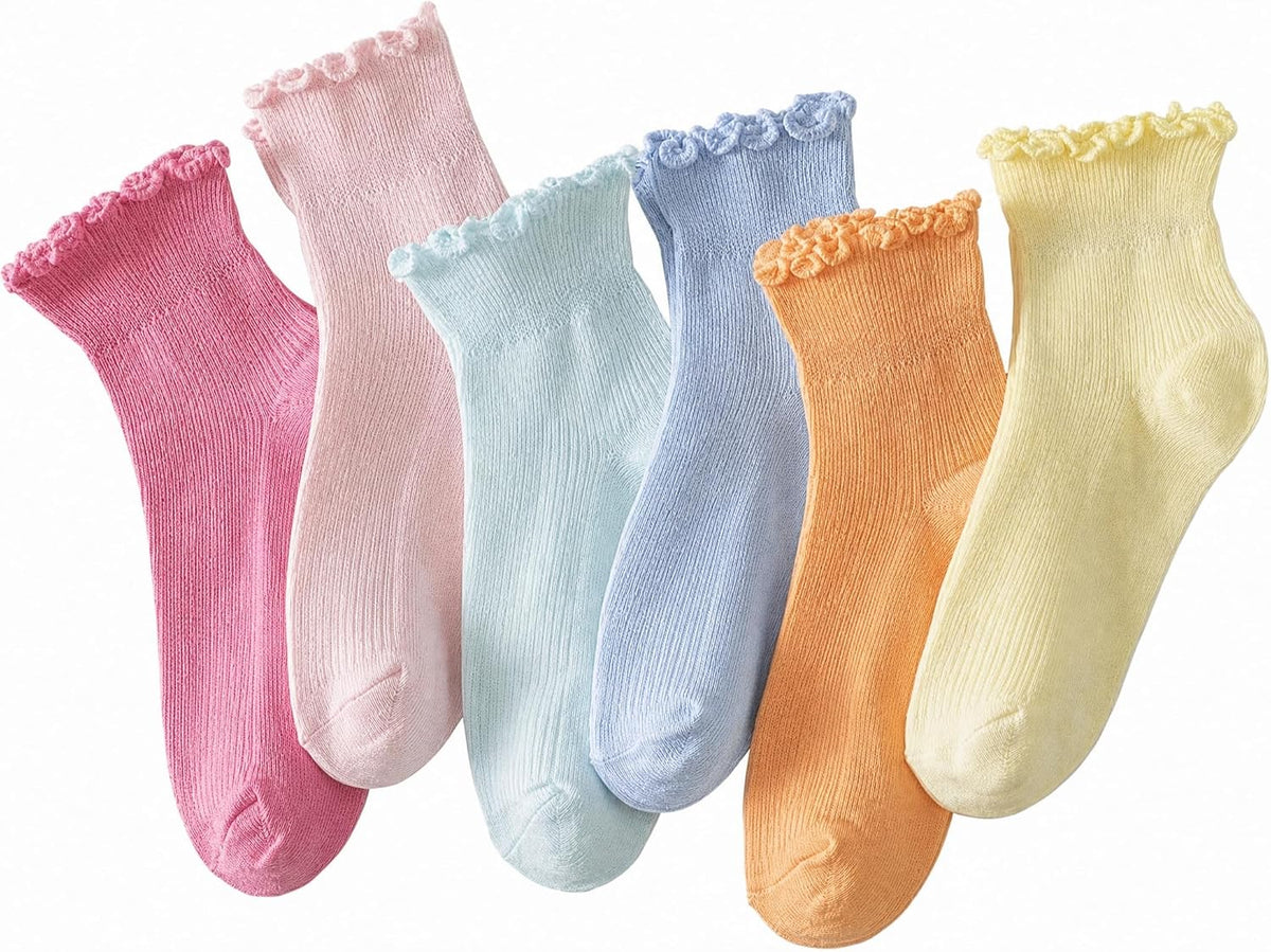 Hstyle Ruffle Socks Women. 6 Pairs of White Breathable Cool Ankle Socks