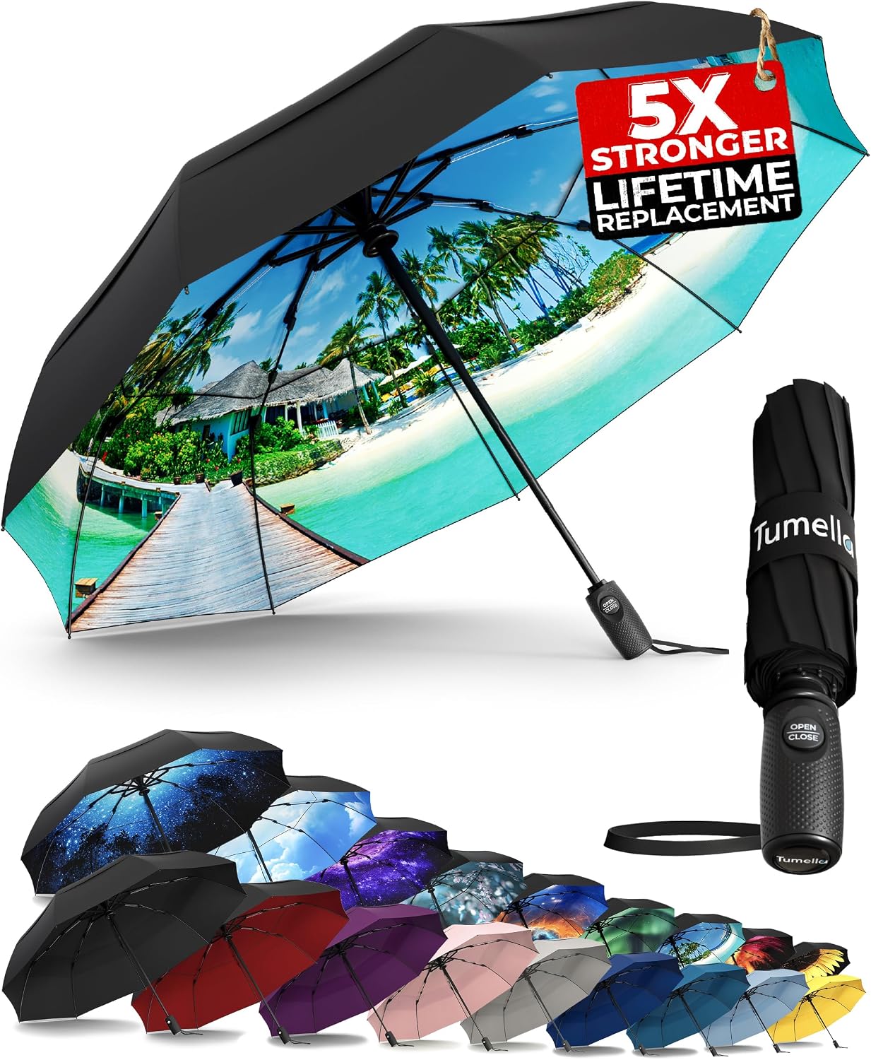TUMELLA Strongest Windproof Travel Umbrella (Compact. 100MPH Wind-Tested) | Light. Portable. One-Handed Use. Automatic Folding Rain Umbrella. Durable. Premium Grip. Fits Car & Backpack