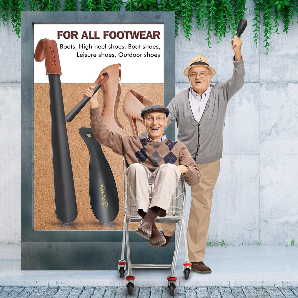ZOMAKE Shoe Horn Long Handle for Seniors Men Women. Metal Shoehorn 16.5 | Stainless Steel Long Boot Horn. Travel Small Shoe Spoon Helper 7.5. Anti-Slip Leather Grip. No Bending Over. Shoe Protection