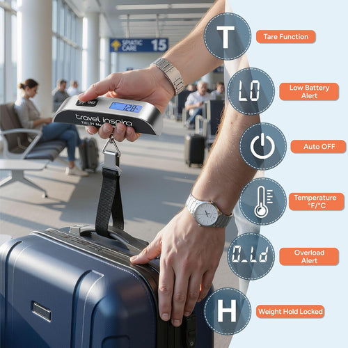 Amazon.com | travel inspira Luggage Scale Digital Suitcase Weight Scale for Travel | Blue Backlight. Rubber Paint Handle. Tare & Data Lock. Auto-Off. Battery Included. 110 Pounds. Travel Essentials | Luggage Scales