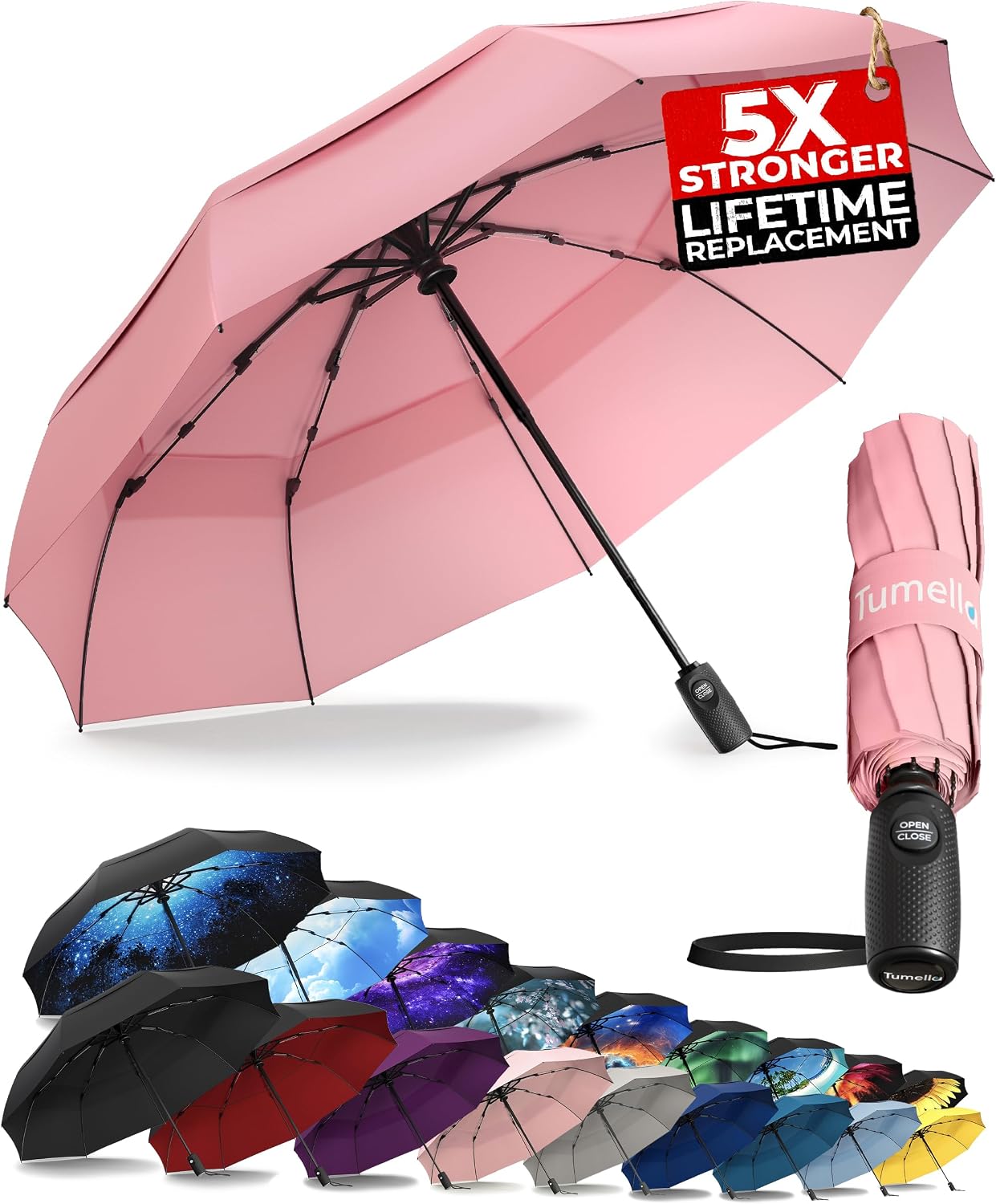 TUMELLA Strongest Windproof Travel Umbrella (Compact. 100MPH Wind-Tested) | Light. Portable. One-Handed Use. Automatic Folding Rain Umbrella. Durable. Premium Grip. Fits Car & Backpack
