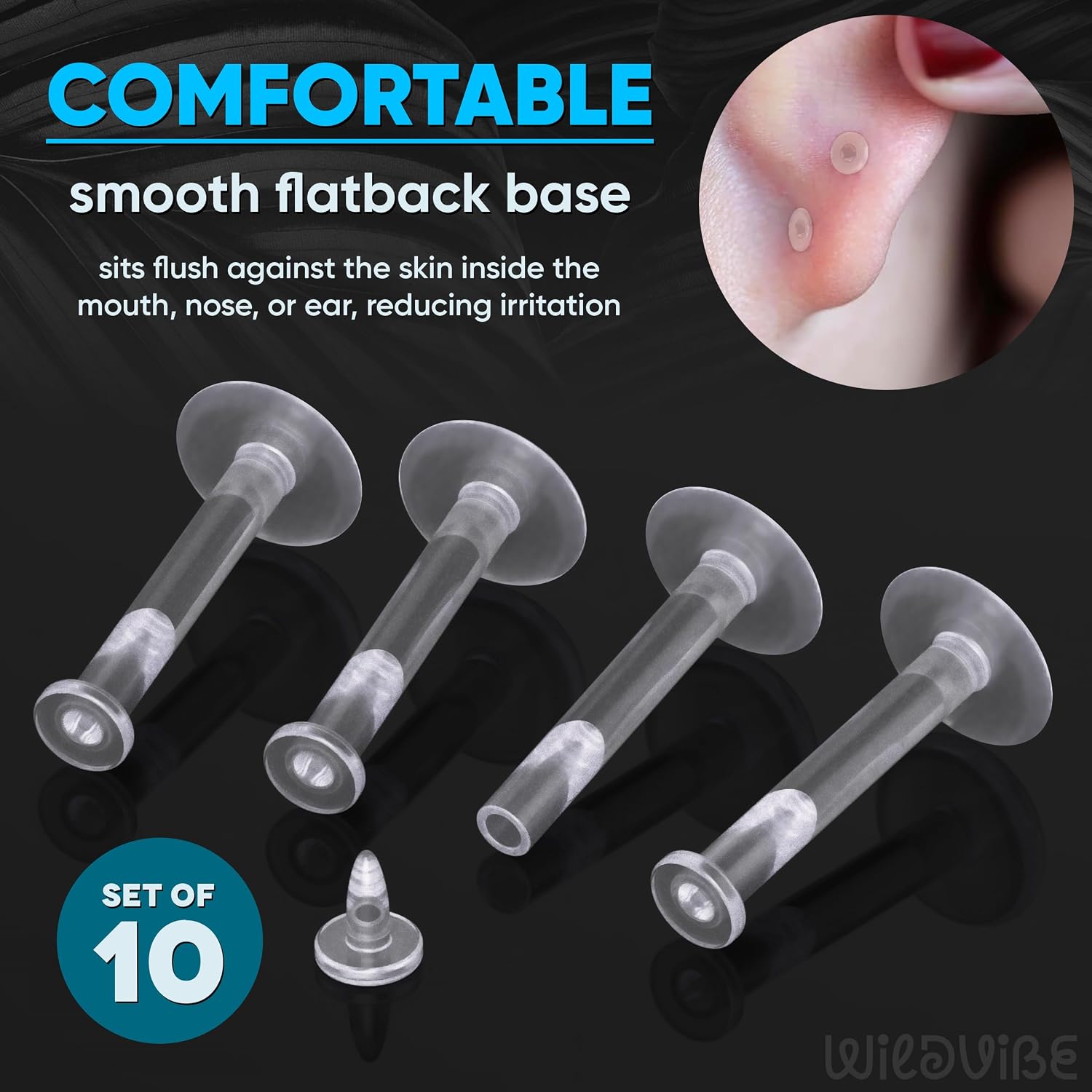 WildVibe 16g Clear Earrings for Sports. Work. Surgery - Bioflex Plastic Earrings Tragus Piercing Jewelry Clear Labret Retainer Piercings 10pc Set - Plastic Stud Earrings for Cartilage Helix Tragus Lip Medusa Monroe - 8mm (5/16)