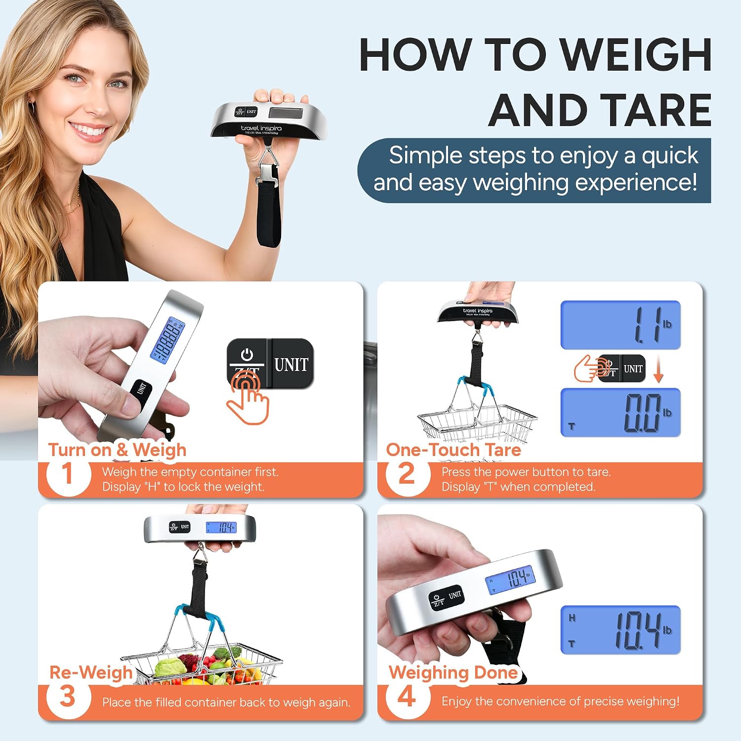 Amazon.com | travel inspira Luggage Scale Digital Suitcase Weight Scale for Travel | Blue Backlight. Rubber Paint Handle. Tare & Data Lock. Auto-Off. Battery Included. 110 Pounds. Travel Essentials | Luggage Scales