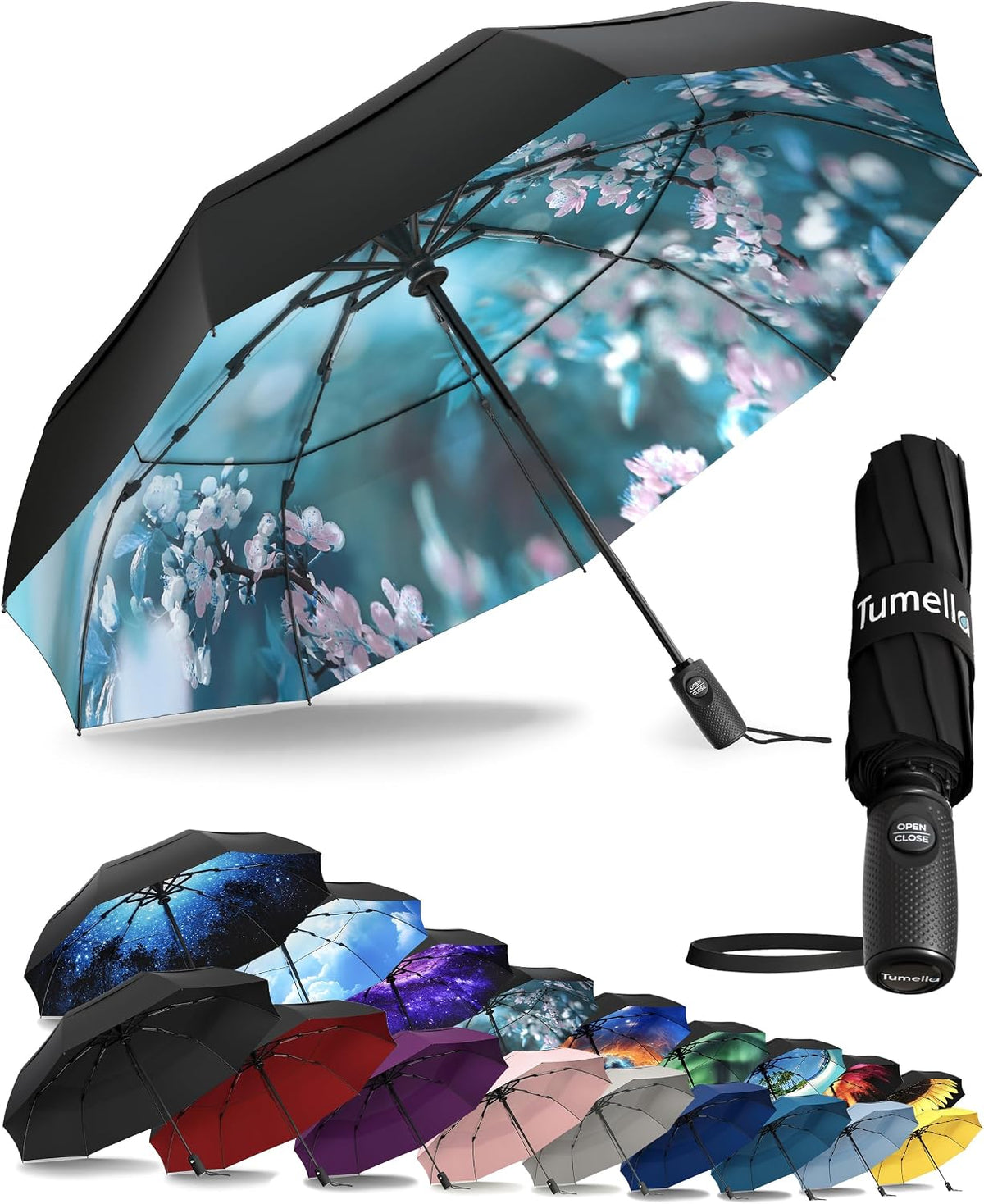 TUMELLA Strongest Windproof Travel Umbrella (Compact. 100MPH Wind-Tested) | Light. Portable. One-Handed Use. Automatic Folding Rain Umbrella. Durable. Premium Grip. Fits Car & Backpack