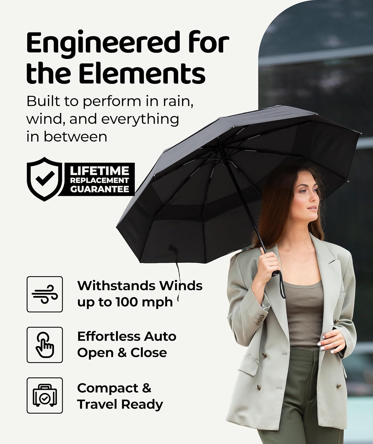 Windproof Travel Umbrella - Compact & Withstands Winds up to 100MPH. Strongest Premium Auto Folding Umbrella for Rain and Sun - Durable. Light & Portable for Women & Men. Fits Backpack & Cars