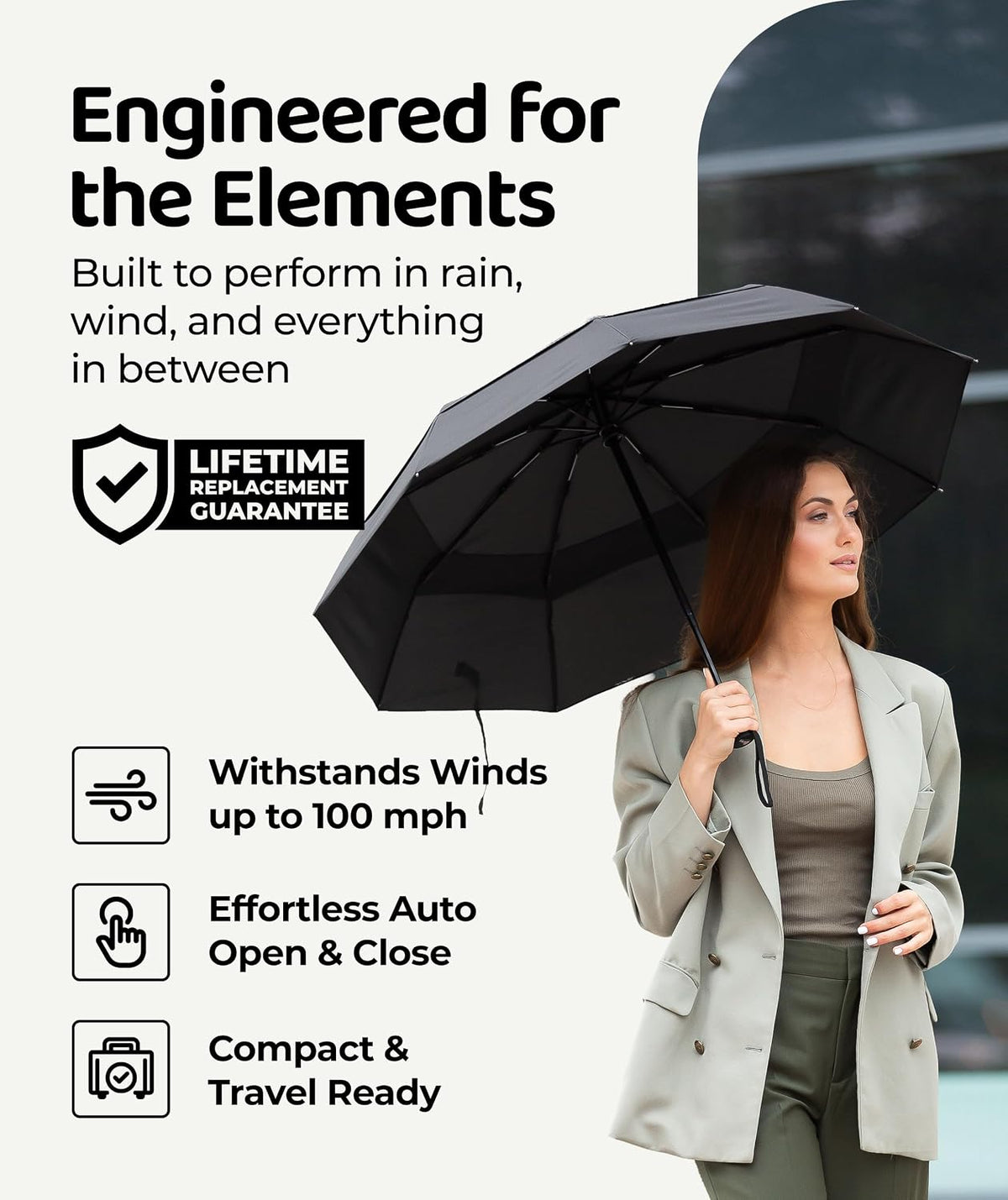 Windproof Travel Umbrella - Compact & Withstands Winds up to 100MPH. Strongest Premium Auto Folding Umbrella for Rain and Sun - Durable. Light & Portable for Women & Men. Fits Backpack & Cars