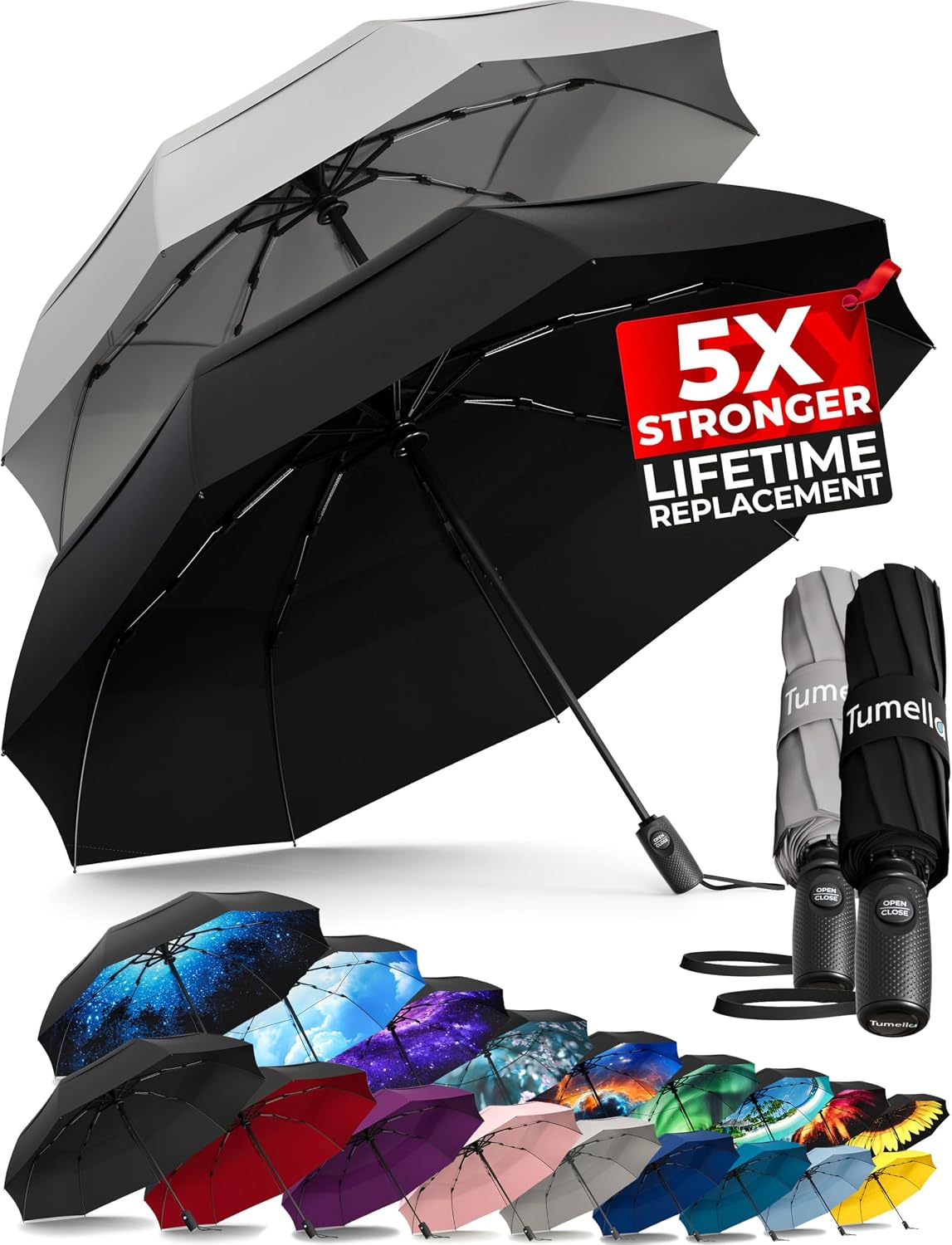 TUMELLA Strongest Windproof Travel Umbrella (Compact. 100MPH Wind-Tested) | Light. Portable. One-Handed Use. Automatic Folding Rain Umbrella. Durable. Premium Grip. Fits Car & Backpack