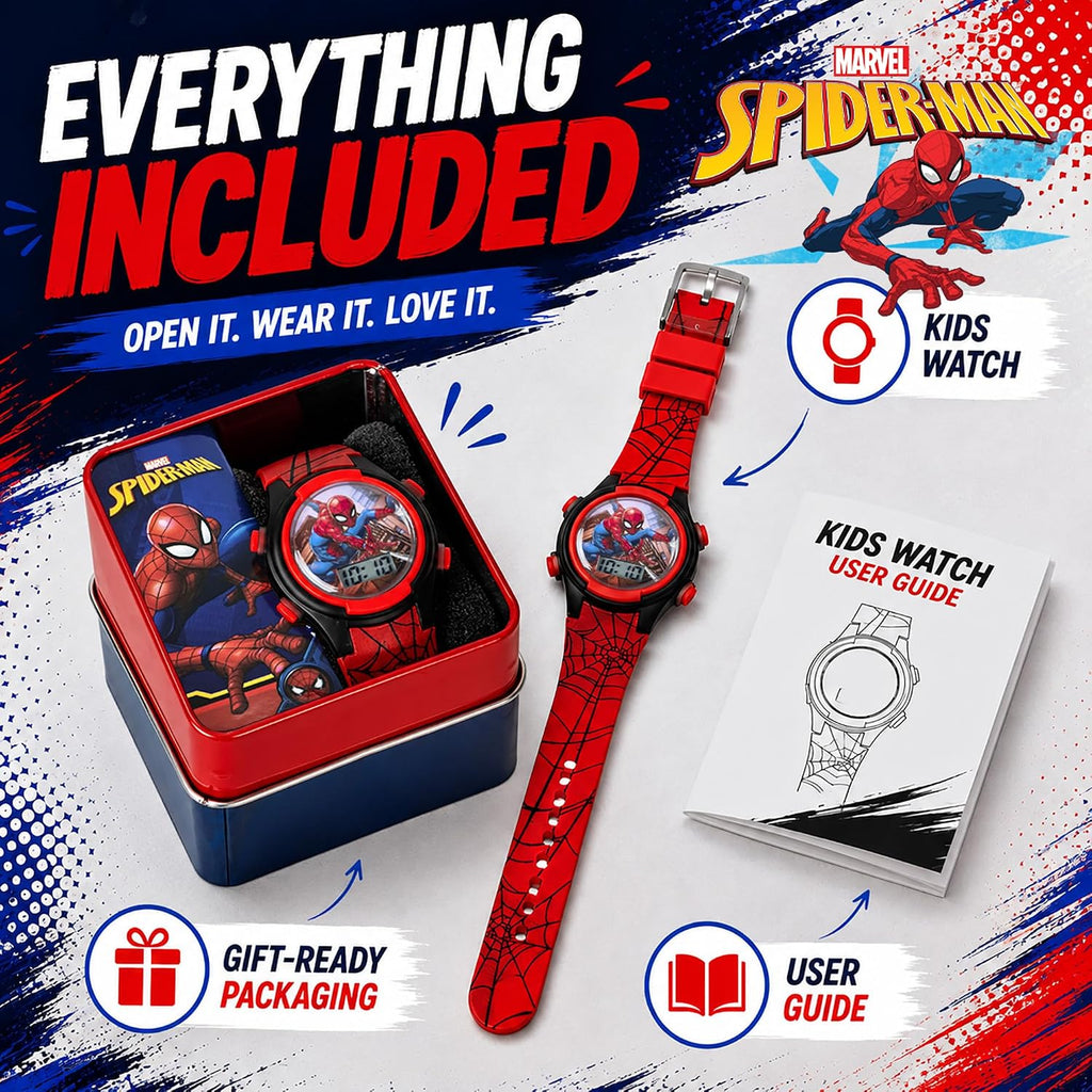 Accutime Marvel Spider-Man Digital Watch for Kids – Durable Plastic Timepiece. LCD Display. Quartz Accuracy. Iconic Spiderman Imagery